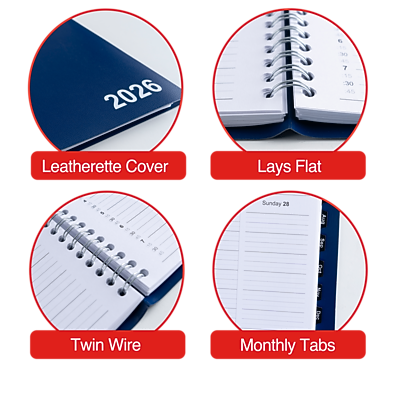 2026  
Leatherette Cover  
Lays Flat  
Twin Wire  
Monthly Tabs  
Sunday 28