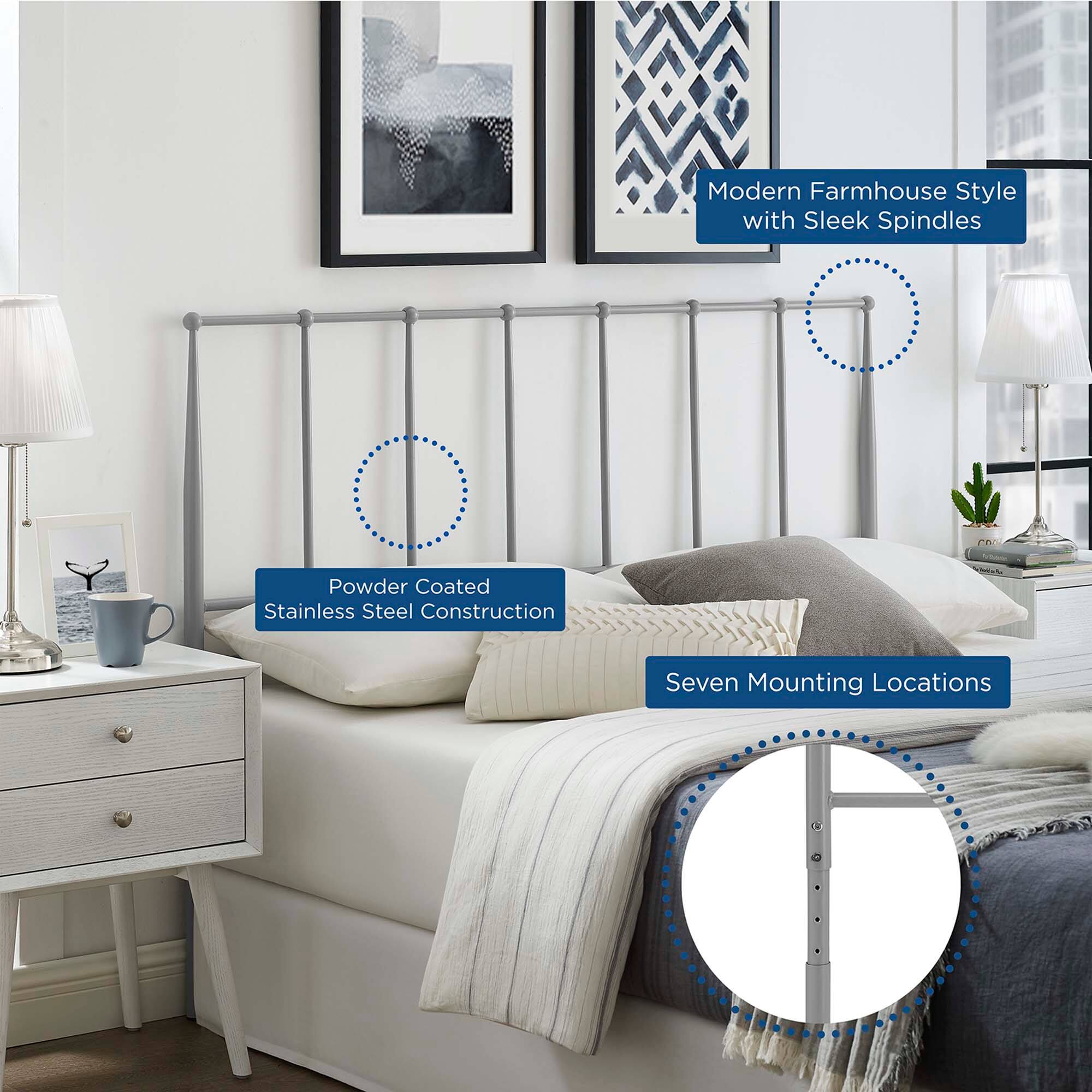 Modern Farmhouse Style with Sleek Spindles  
Powder Coated Stainless Steel Construction  
Seven Mounting Locations