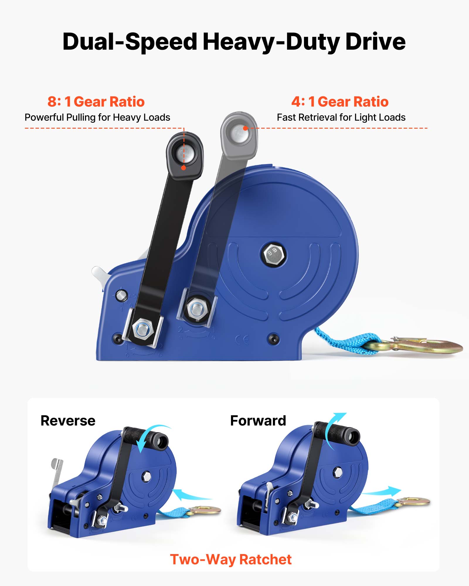 Dual-Speed Heavy-Duty Drive

8:1 Gear Ratio
Powerful Pulling for Heavy Loads

4:1 Gear Ratio
Fast Retrieval for Light Loads

Reverse Forward Two-Way Ratchet