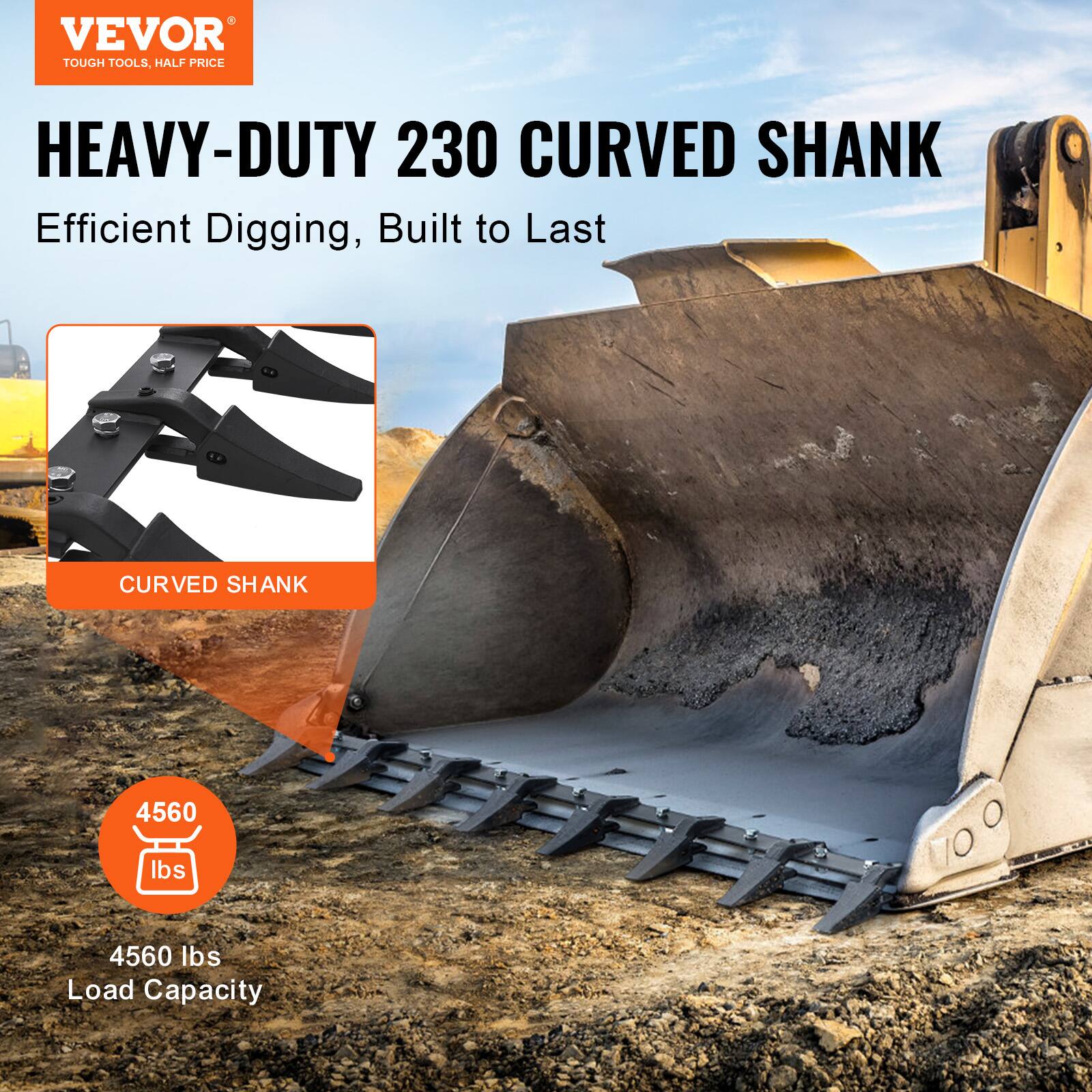 VEVOR  
TOUGH TOOLS, HALF PRICE  

HEAVY-DUTY 230 CURVED SHANK  
Efficient Digging, Built to Last  

CURVED SHANK  

4560 lbs  
Load Capacity