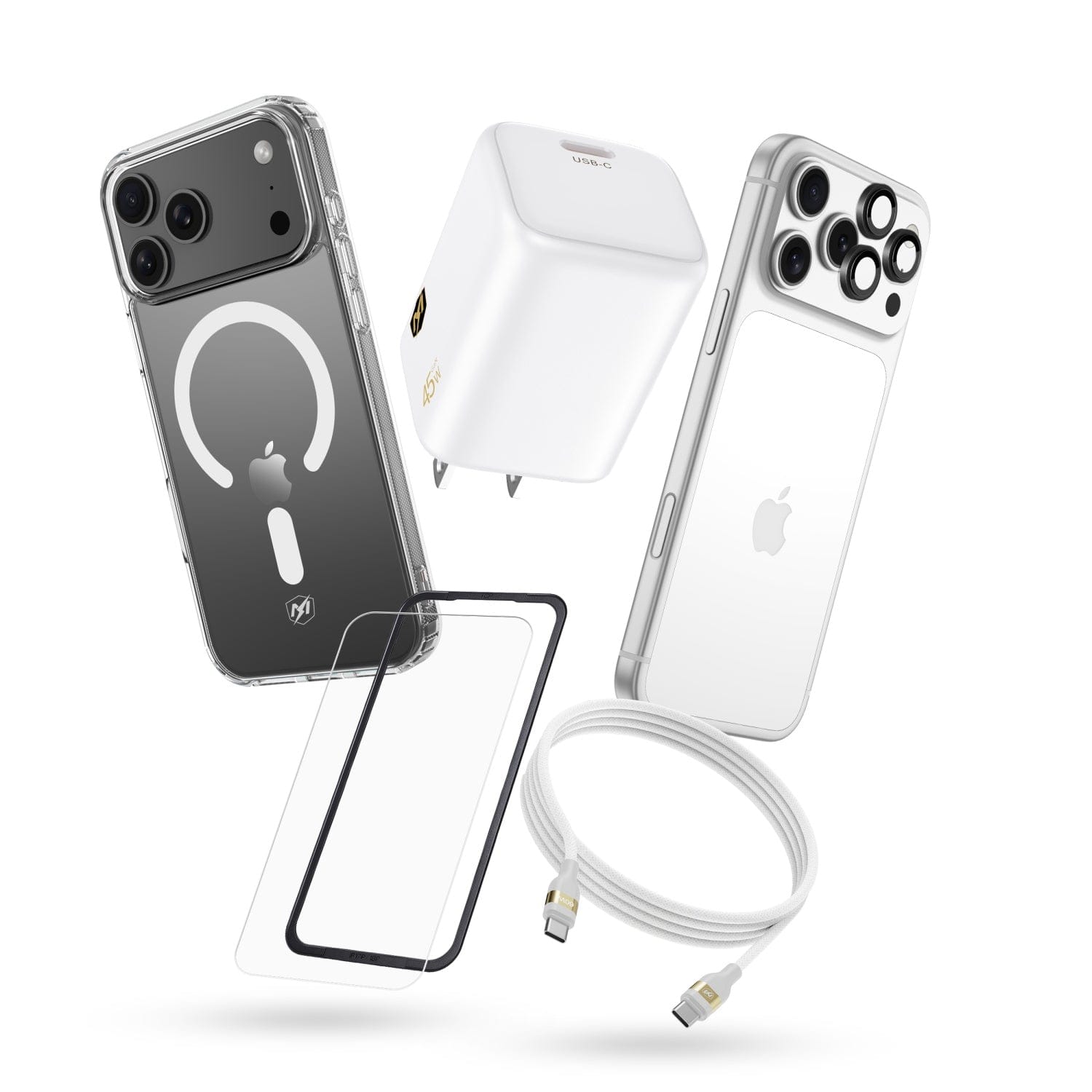 Mybat Pro - iPhone 18 Pro Max / 17 Pro Max Bundle #1 - Clear Case / Charger + Cable - White