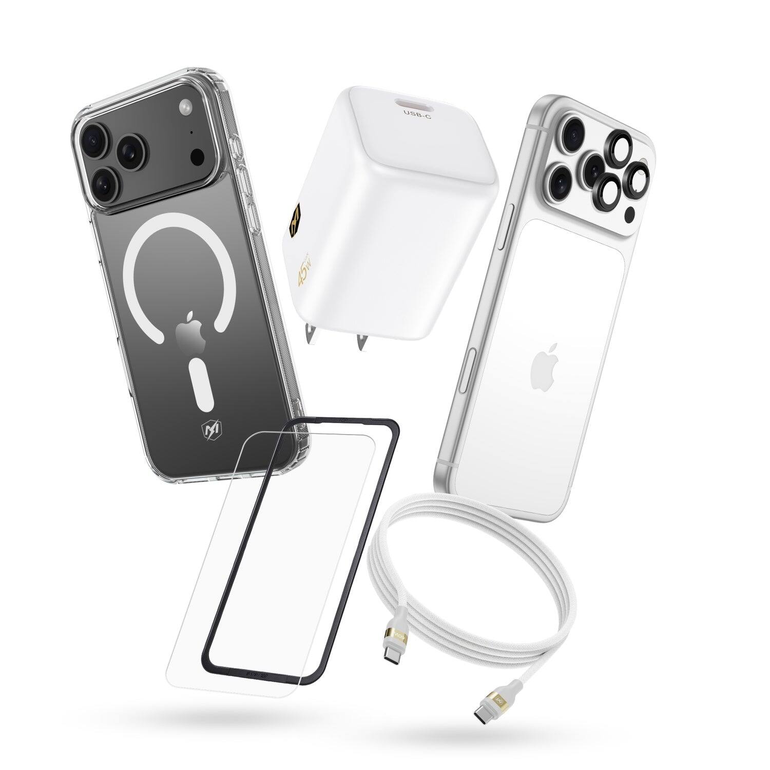 Front. Mybat Pro - MyBat Pro iPhone 18 Pro Max / 17 Pro Max Bundle #1 - Clear Case / White Charger + Cable - White.