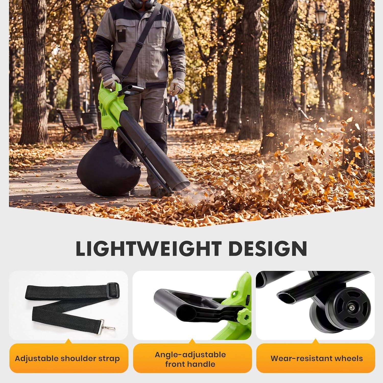 LIGHTWEIGHT DESIGN

Adjustable shoulder strap

Angle-adjustable front handle

Wear-resistant wheels