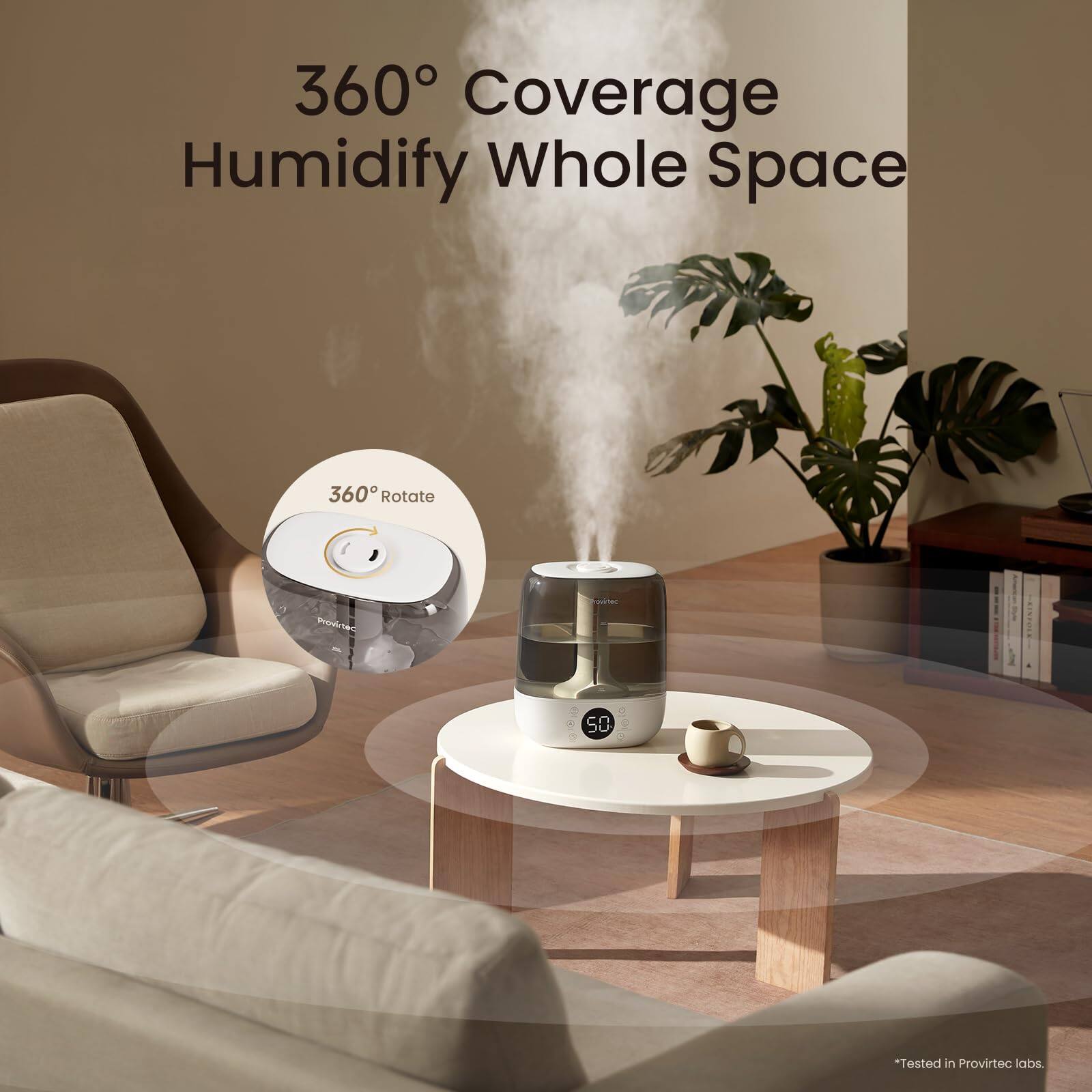 360° Coverage Humidify Whole Space  
360° Rotate  
Proven in Provitec labs.  
*Tested in Provitec labs.