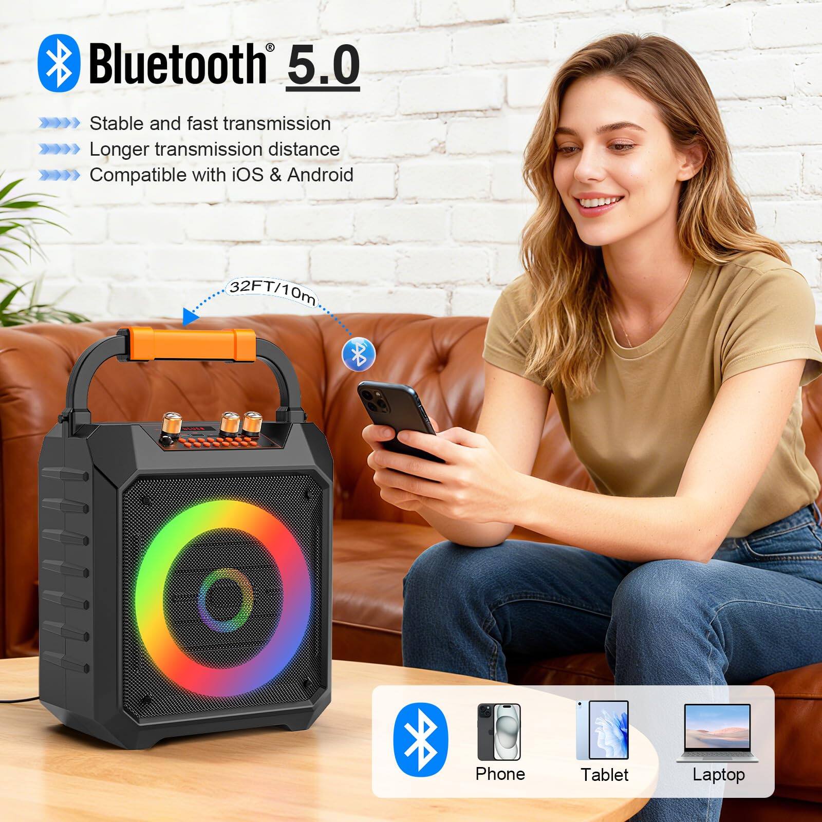 Bluetooth 5.0  
- Stable and fast transmission  
- Longer transmission distance  
- Compatible with iOS & Android  

32FT/10m  

Phone Tablet Laptop