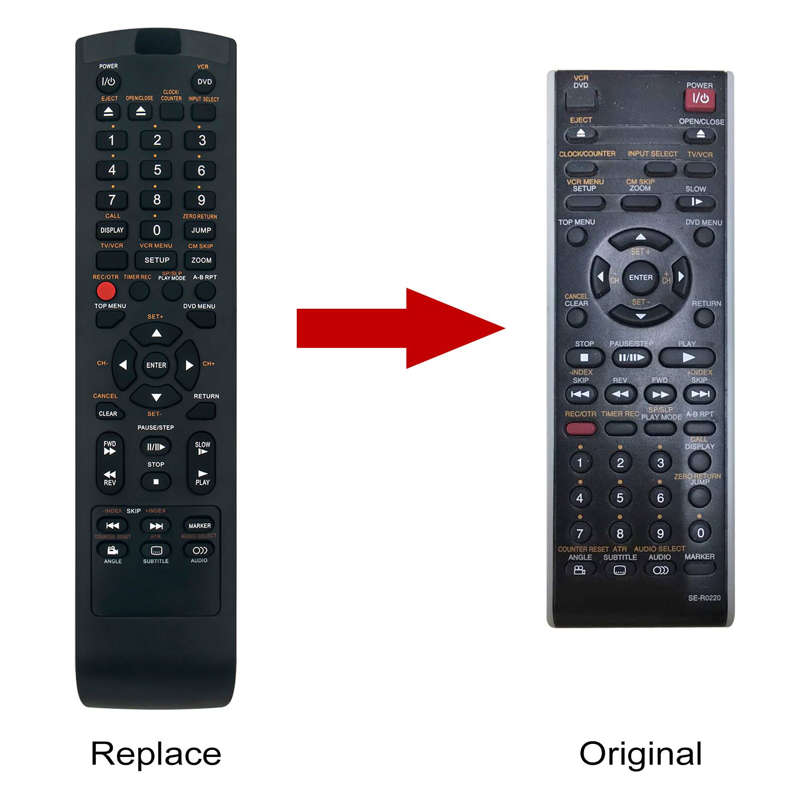 POWER  
VCR  
IN CLOOK EJECT OPENCLOSE COUNTER  
DVD SELECT  
VCR DVD  
POWER  
EJECT  
OPENCLOSE  
1 2 3 4 5 6 7 8 9 CALL ZERORETURN DISPLAY 0 JUMP TWVCR VCR MENU CM SKIP SETUP ZOOM  
CLOCKCOUNTER INPUT SELECT TVNCR VCR MENU CM SKIP SETUP ZOOM SLOW TOP MENU DVD MENU SET  
SPISL RECIOTR TIMER REC PLAYMODE A-8 RP  
ENTER OH  
TOP MENU  
DVD MENU  
CANCEL CLEAR  
SET  
RETURN  
SET.  
STOP PAUSEISTEP  
PLAY  
CH-  
ENTER  
CH+  
-INDEX SKIP  
REV  
FWD  
KNDEX SKIP  
CANCEL  
RETURN  
CLEAR  
SET- PAUSEISTEP  
SPISLP RECIOTR TIMER REC A-8 APT PLAY MODE  
FWD STOP REV -INDEX SKIP *INDEX  
SLOW PLAY  
1 4  
2 5  
CALL DISPLAY 3 ZERO RETURN JUMP 6  
COUNTER RESET ANGLE  
ATH SUBTITLE  
MARKER DELECT ALCIO  
7 8 9 0 COUNTER RESET ATR AUDIO SELECT AN