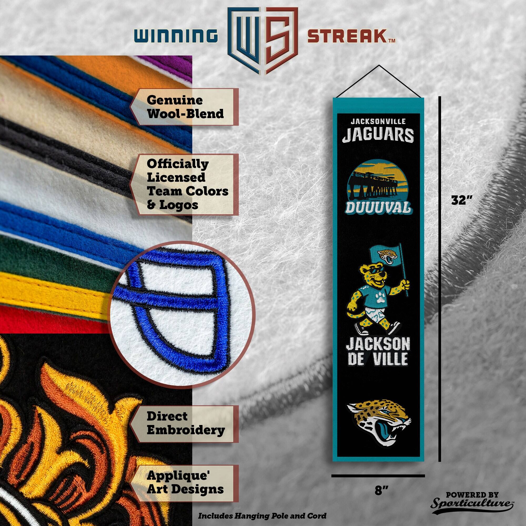 WINNING U 5 STREAK™ Genuine Wool-Blend Officially Licensed Team Colors & Logos JACKSONVILLE JAGUARS DUUUVAL 32" JACKSON DE VILLE Direct Embroidery Applique' Art Designs Includes Hanging Pole and Cord 8" POWERED BY Sporticulture