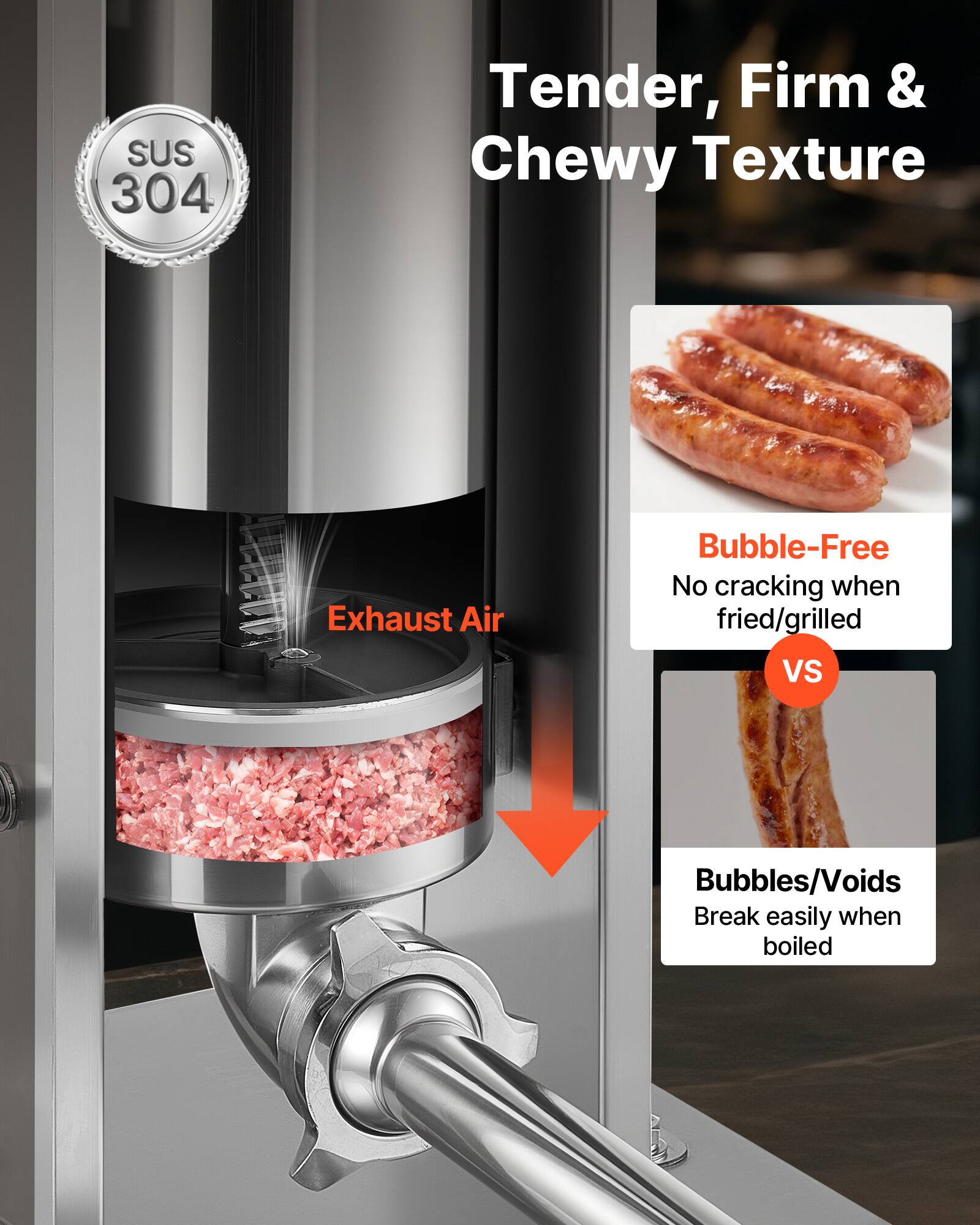 SUS 304 Tender, Firm & Chewy Texture  
Exhaust Air Bubble-Free  
No cracking when fried/grilled  
VS  
Bubbles/Voids  
Break easily when boiled