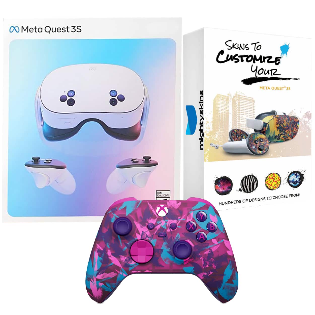 Meta - Quest 3S 128GB Virtual Reality VR Headset with Heart Breaker Xbox Controller and MightySkins Custom Skin Code - White