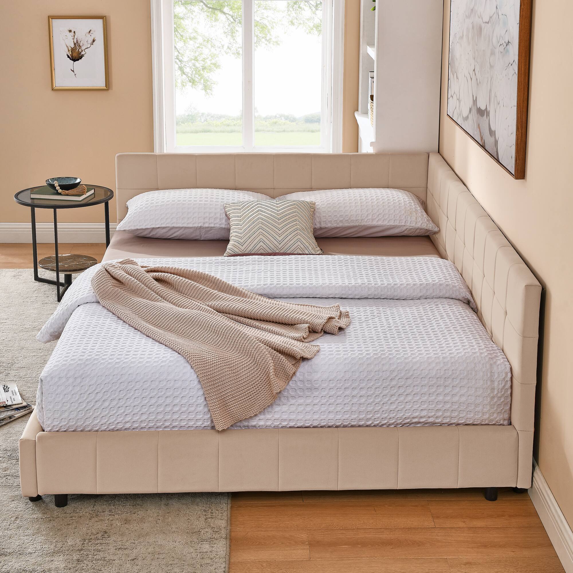 Left. Anysun - Queen Velvet Tufted Sofa Bed Frame - with Comfortable Backrest & Armrests for Bedroom or Living Room - Pink.