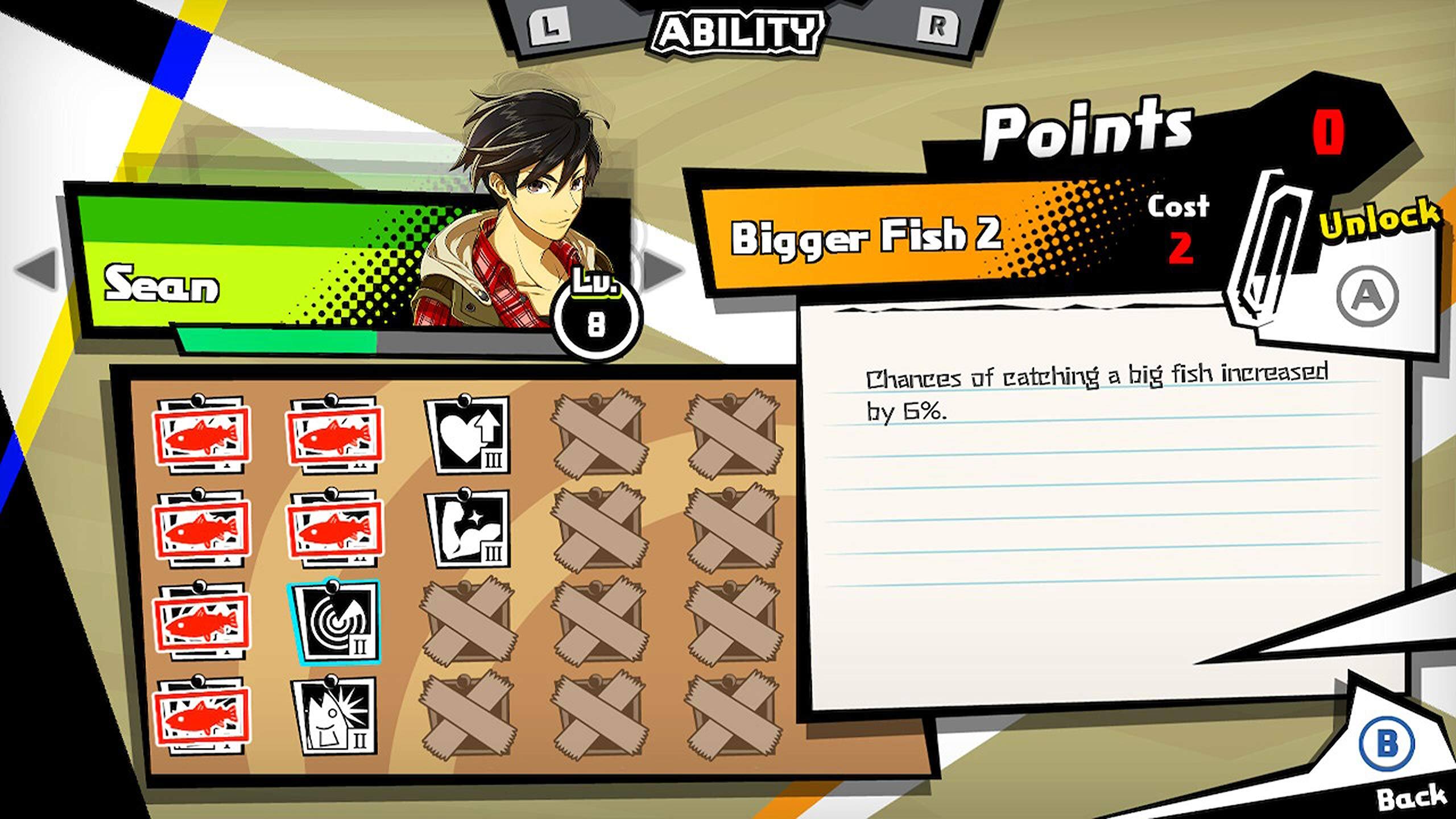 Sure, here is the corrected and grouped text from the image:

---

**Top Left:**
- Sean
- Lv. 8

**Top Center:**
- ABILITY

**Top Right:**
- Points 0
- Cost 2
- Unlock (A)

**Middle Right:**
- Bigger Fish 2
- Chances of catching a big fish increased by 5%.

**Bottom Right:**
- Back (B)

---