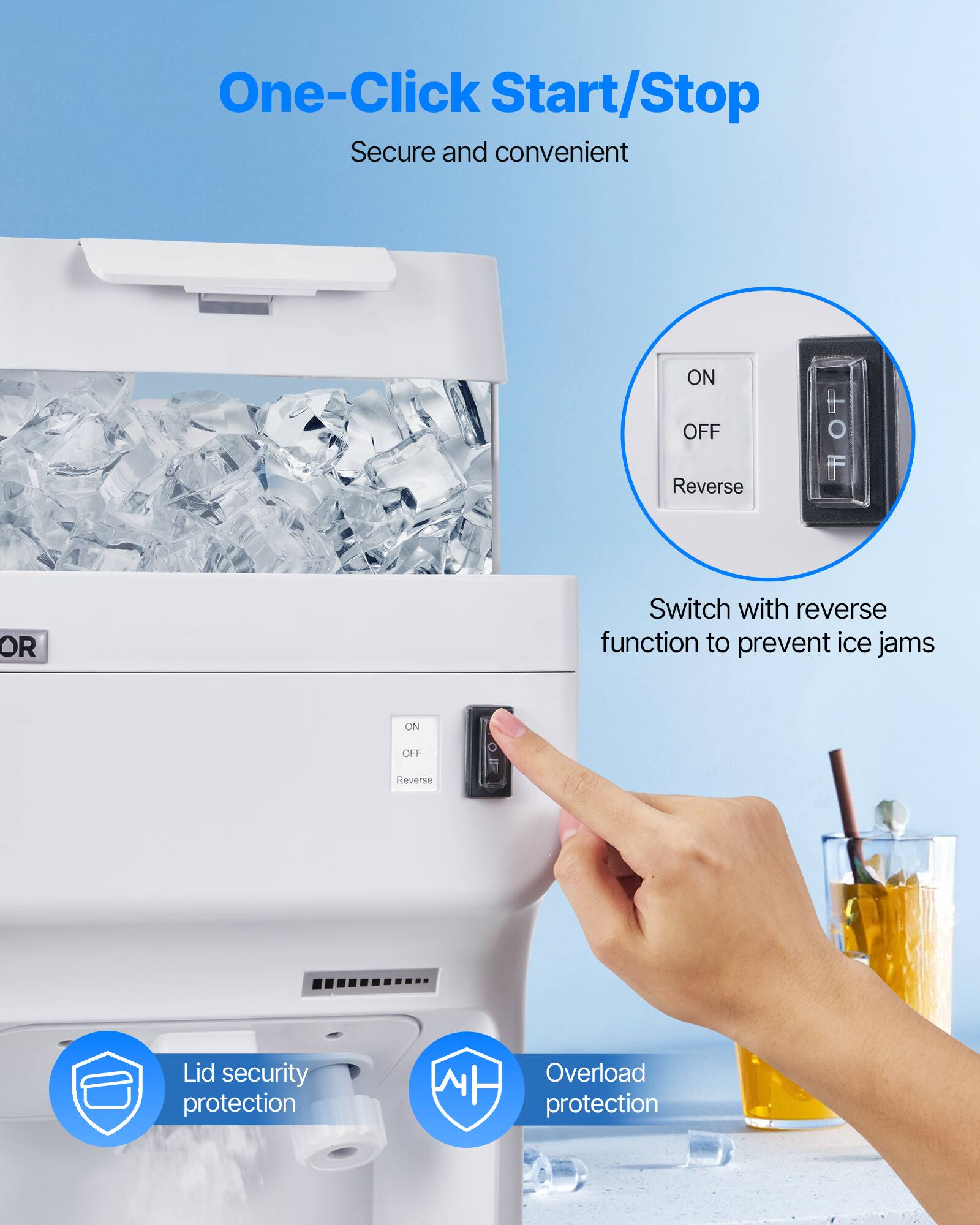 One-Click Start/Stop Secure and convenient
Switch with reverse function to prevent ice jams
Lid security protection
Overload protection