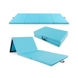 Pefilos - 4-Panel PU Leather Folding Exercise Mat with Carrying Handles- Folding Thick Exercise with Carrying Handles - Blue