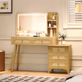 Loheer - Makeup Vanity Desk with Mirror and Lights, Vintage Rattan Drawers, Wood - Natural