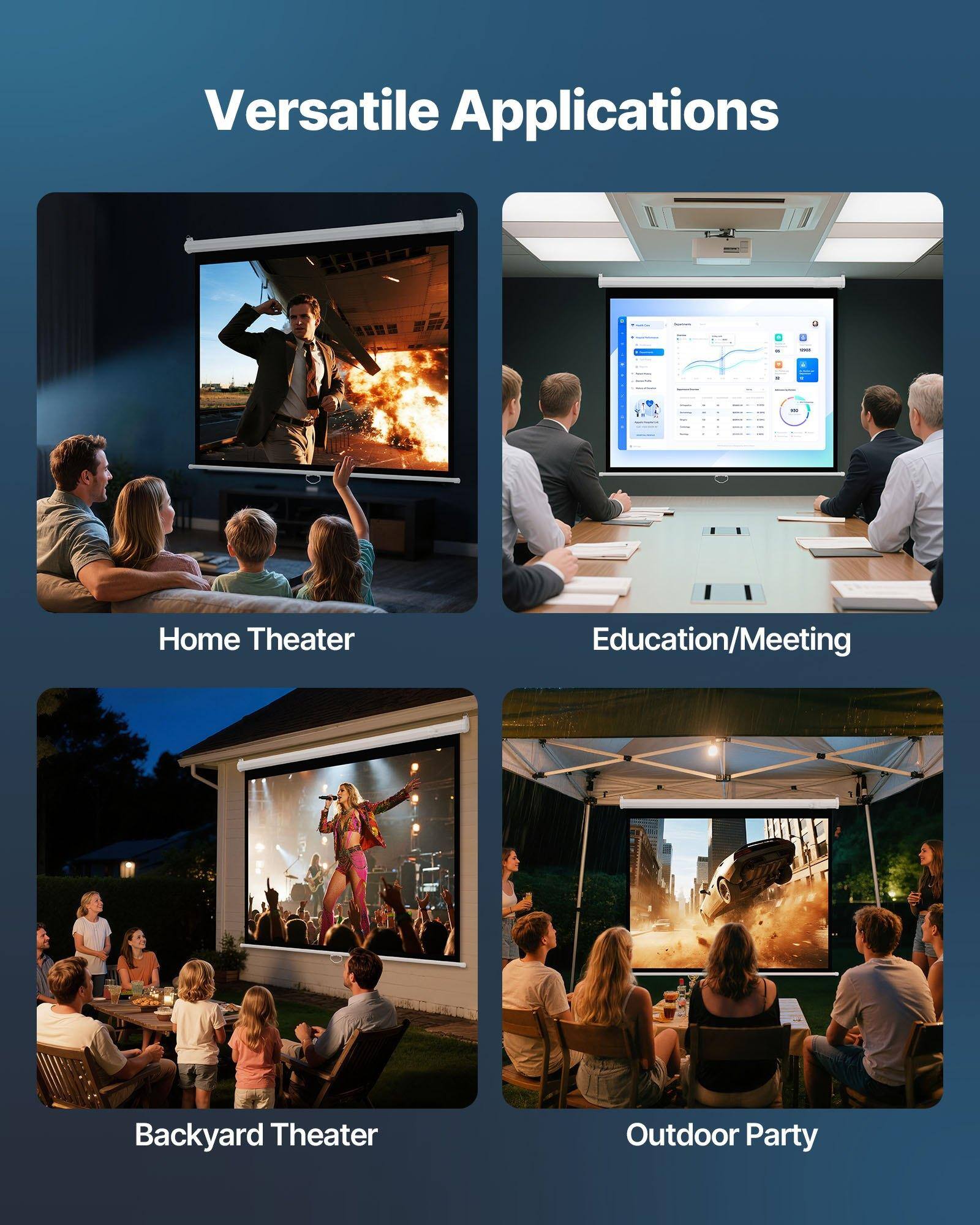 Versatile Applications

- Home Theater
- Education/Meeting
- Backyard Theater
- Outdoor Party