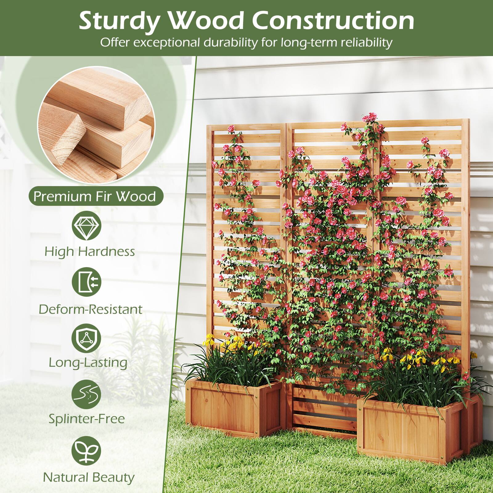 Sturdy Wood Construction  
Offer exceptional durability for long-term reliability  

Premium Fir Wood  
High Hardness  
Deform-Resistant  
Long-Lasting  
Splinter-Free  
Natural Beauty