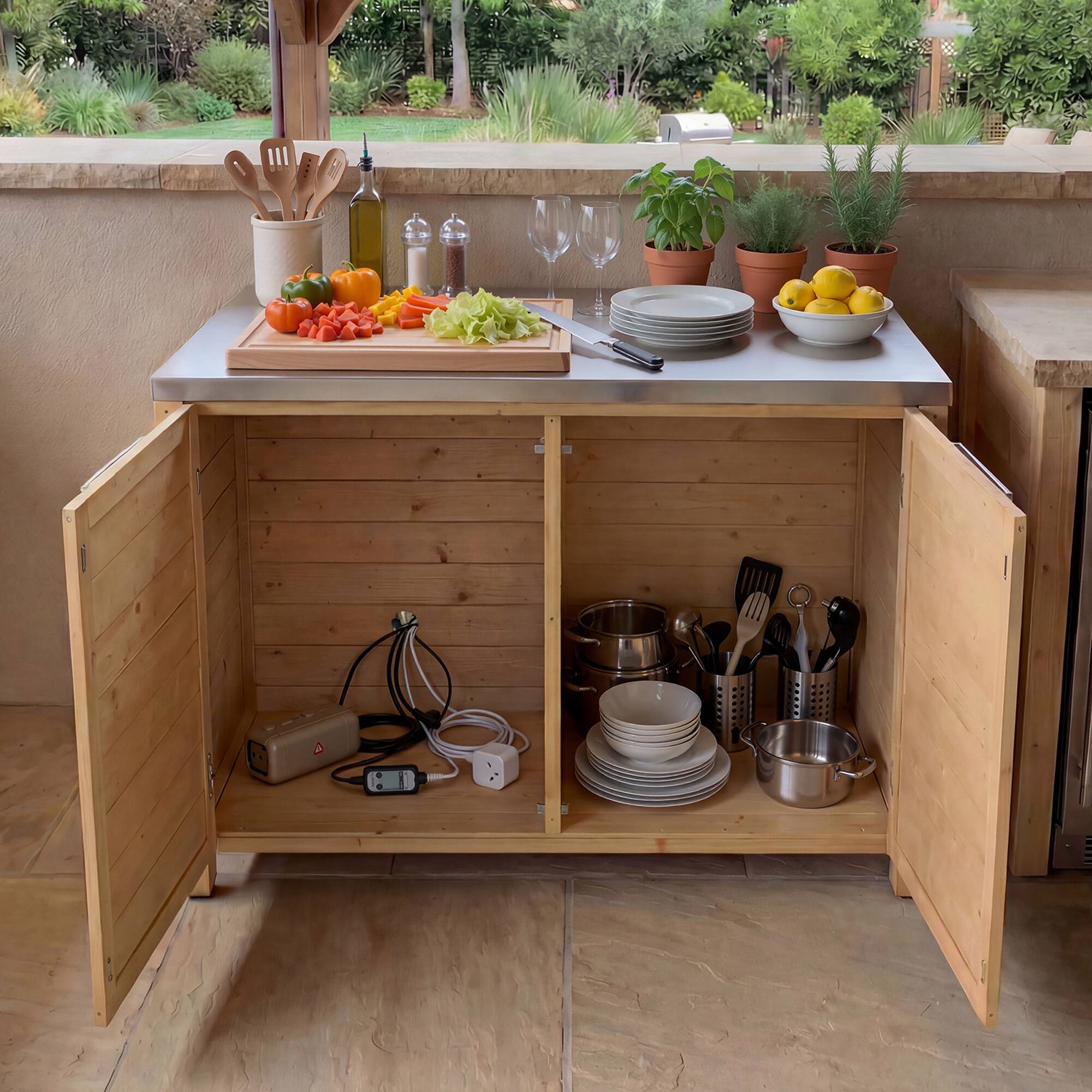 Alt View 1. Famapy - Modular Solid Cedar Outdoor Kitchen Cabinets - All-Weather Storage with Stainless Steel Top for Patio, Grill Station - Wooden.