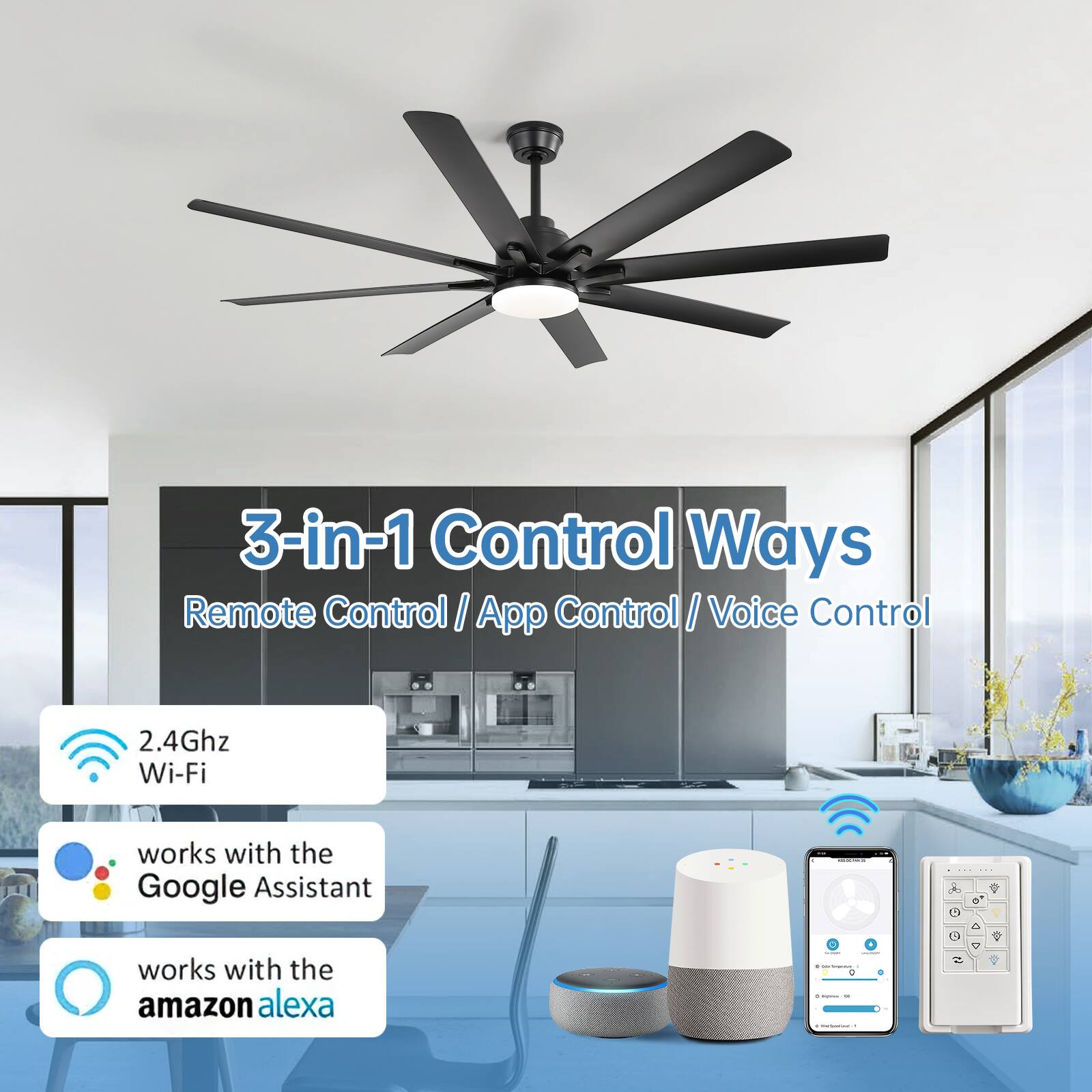 3-in-1 Control Ways  
Remote Control / App Control / Voice Control  

2.4Ghz Wi-Fi  
works with the Google Assistant  
works with the Amazon Alexa