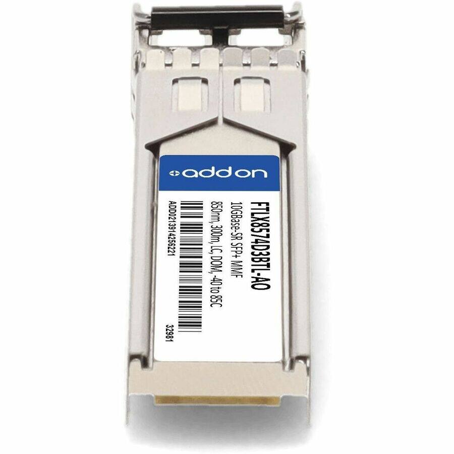 ADD021391  
850nm, 10GBase-SR 300m, 4256221 LC, SFP+ FTLX8574D3BTL-AO DOM, MMF -40 to 85C  
32981  

addon  
FTLX8574D3BTL-AO  
100GBASE-SR SFP+ MMF  
850nm, LC DOM, 47 to 85C  
ADD021391  
32981