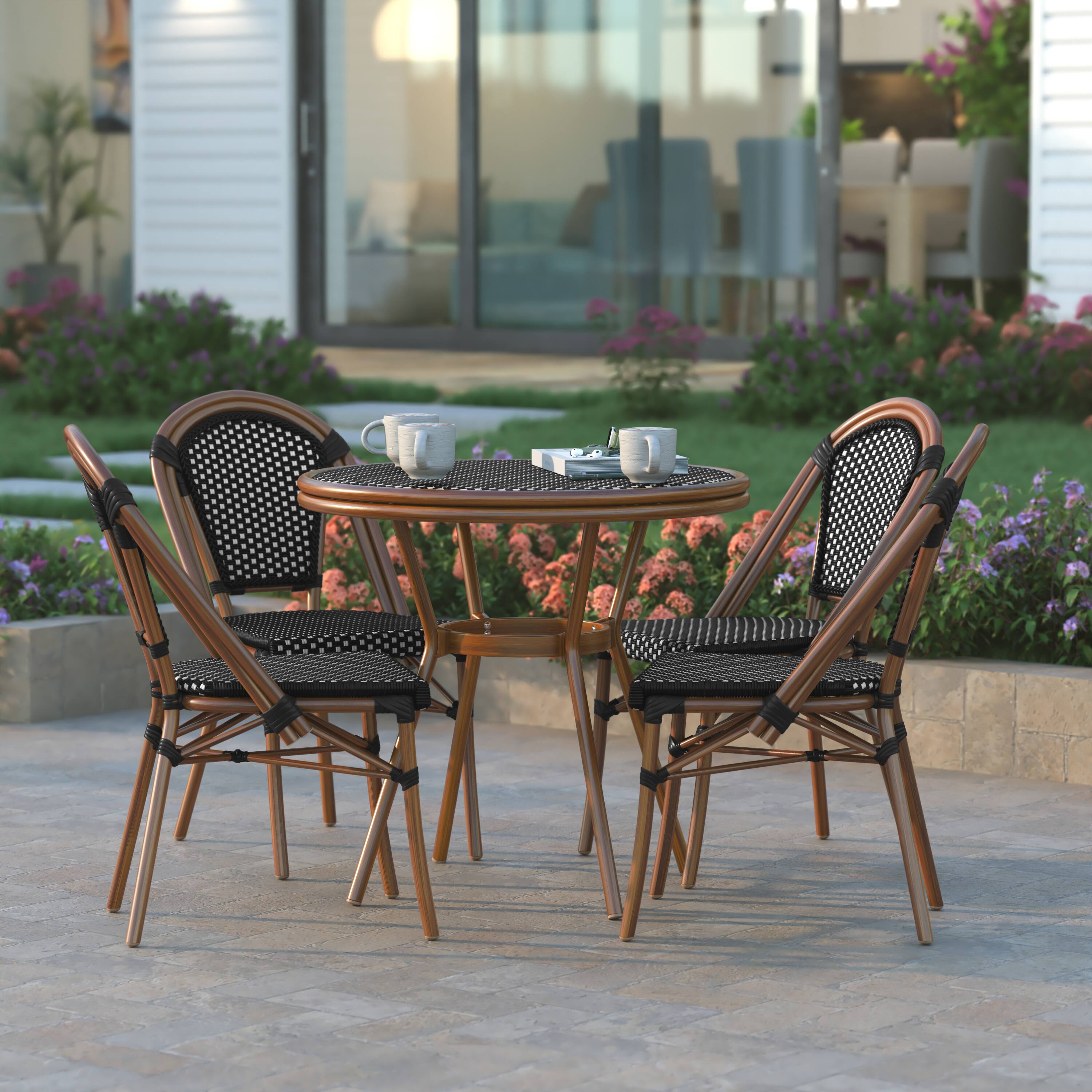 Alt View 3. Emma + Oliver - Soie Indoor/Outdoor Bistro Style 31.5 in. Table with PE Rattan, Glass Top, and Four Chairs - Metal Frame - Black & White Rattan/Natural Frame.