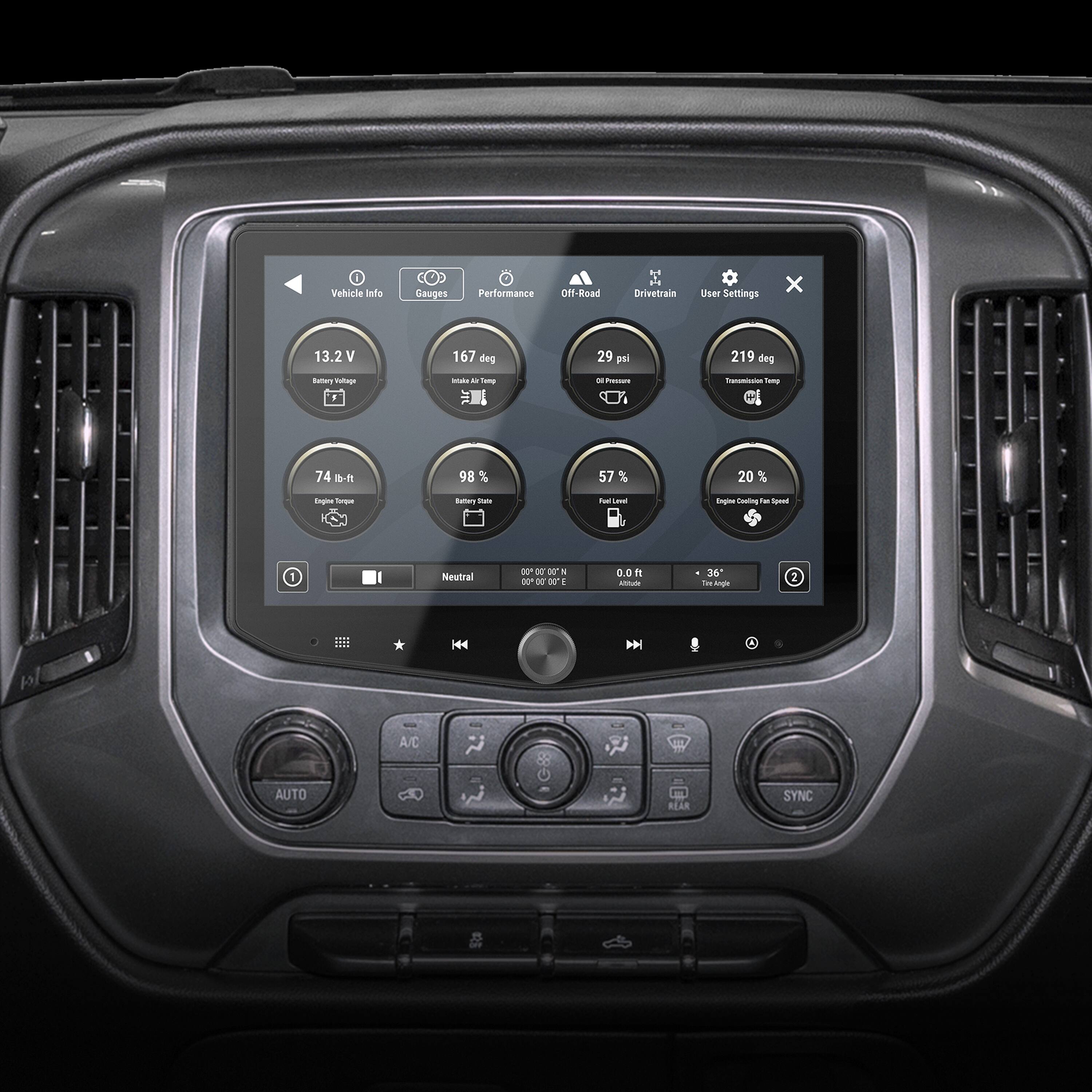 Vehicle Info Gauges Performance Off-Road Drivetrain User Settings x 13.2 V 167 deg 29 pi 219 deg summary Taltuga - - - - - -cs - 74 B-f 98% 57% 20% Enpina - summary State T - Engine Solving - Apss Neufral BO X X . - - - 1 0.0 A/C AUTO REAR SYNC