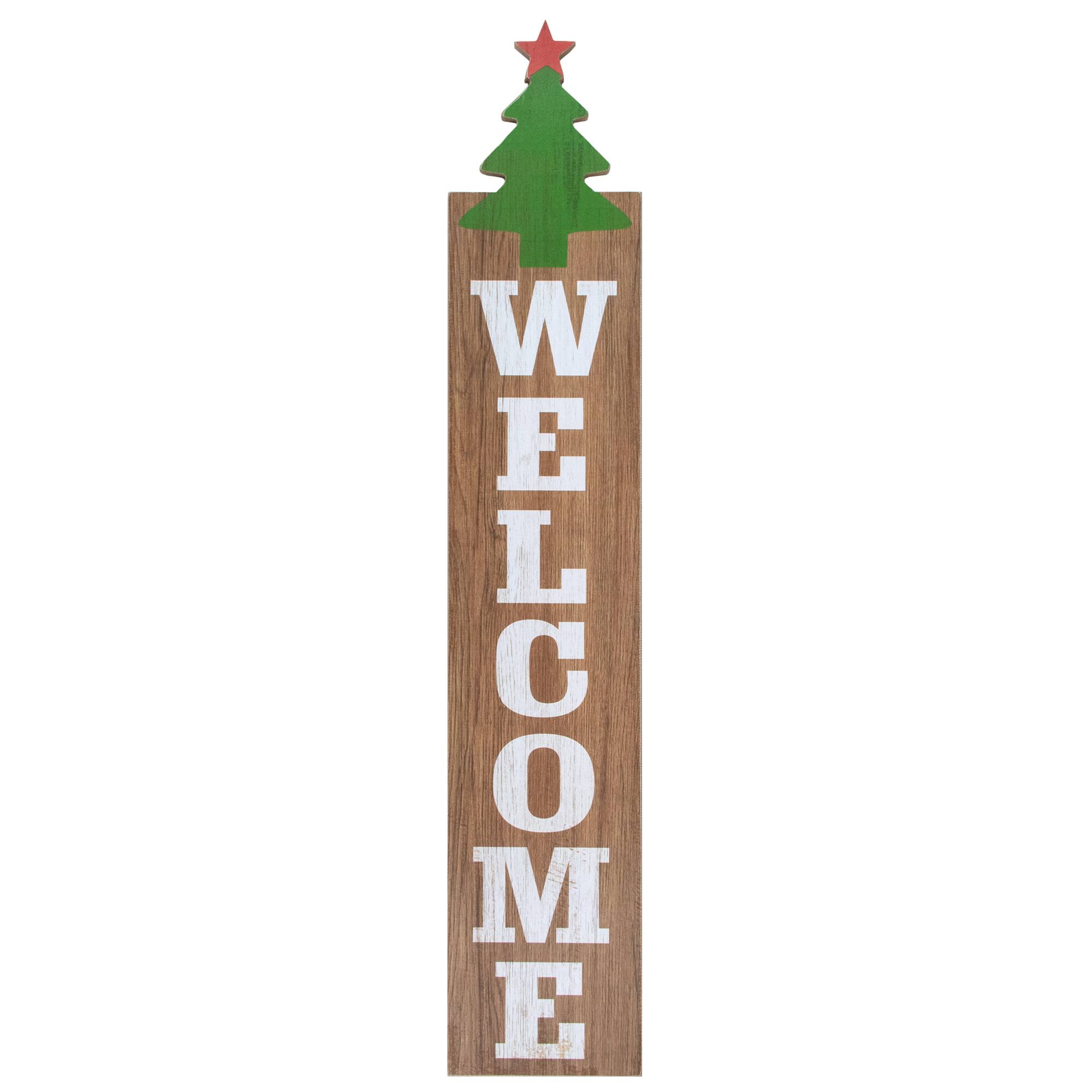 Alt View 1. Northlight - Christmas Tree and Star Wooden "Welcome" Porch Board Sign Decoration - 31.5" - Green - Brown.