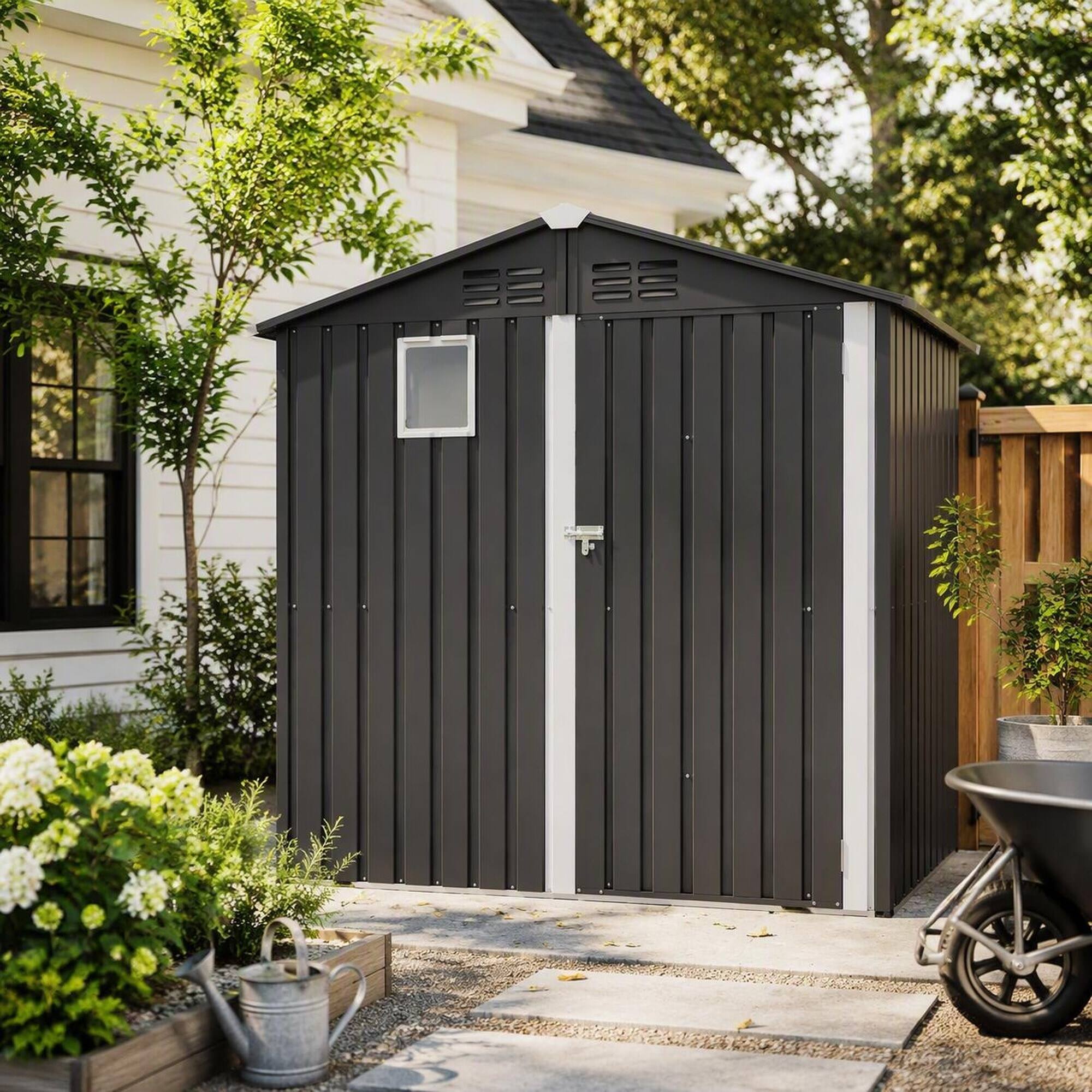 Left. RYHNUYNE - 6x4 ft Metal Shed Lockable Door Light-View Window Rust-Resistant Steel Cabinet - Gray.