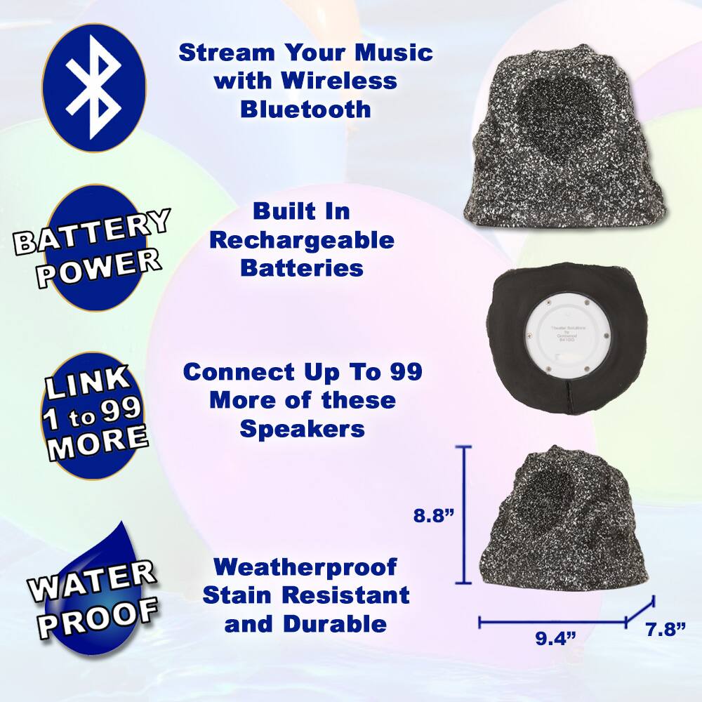 - Stream Your Music with Wireless Bluetooth
- Built In Rechargeable Batteries
- Connect Up To 99 More of these Speakers
- Weatherproof Stain Resistant and Durable
- BATTERY POWER
- LINK 1 to 99 MORE
- WATER PROOF

Dimensions:
- 9.4" (width)
- 7.8" (depth)
- 8.8" (height)