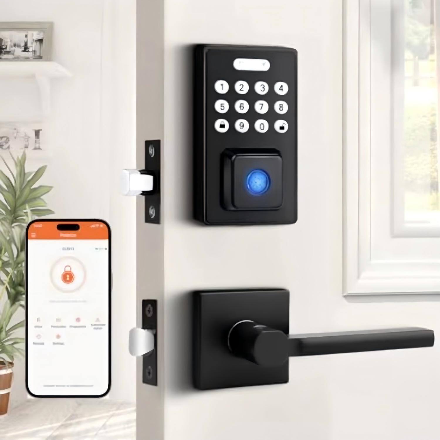 Front. Luckbyte - Smart Door Lock With Fingerprint Keypad Keyless Entry Lever Handle - Black.
