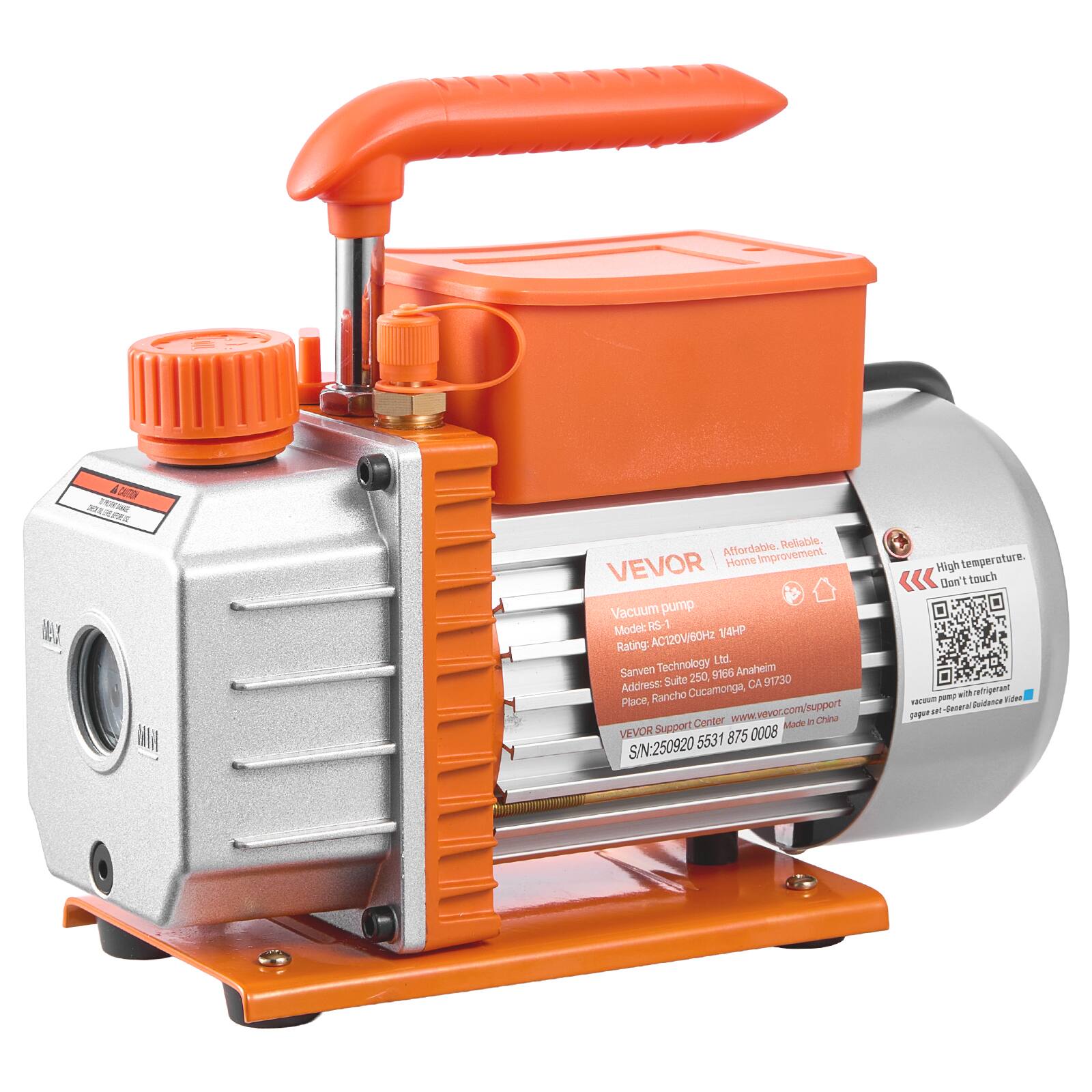 A2it R M Foting_tot IY BA Affordable Reliable. Home Improvement. VEVOR Vacuum pump Model RS-1 144HP Rating: AC120V/60Hz Technology Ud Sanvon 9166 Anahelm Suite 250 CA 91/30 Address: Cucamonga, Place, Rancho Support Center Ww www.vevor.com Made in China VEVOR Support 0008 5531 875 SIN:250920 High temperature. Don't touch - refrigerant raroum Jm neitence naee - Joaee lu
