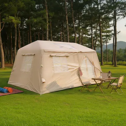Front. Anysun - 11 m² Waterproof Oxford Inflatable Camping Tent – 2-Room Blow‑Up Tent with Hand Pump, Easy Setup, for 4–8 Persons - Beige.