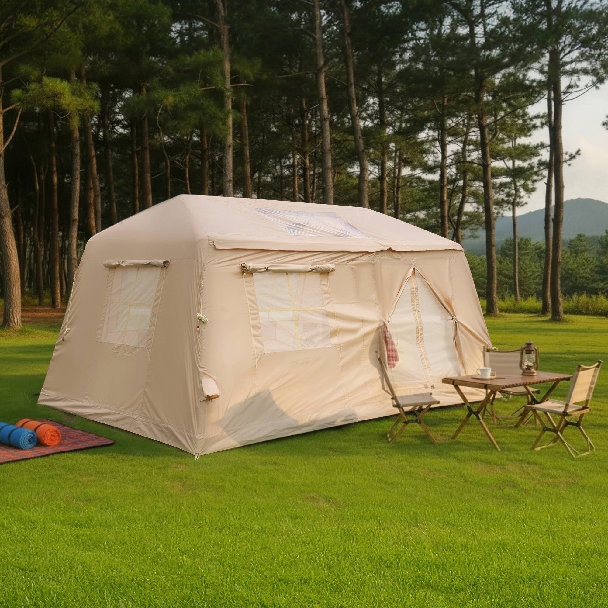 Anysun - 11 m² Waterproof Oxford Inflatable Camping Tent – 2-Room Blow‑Up Tent with Hand Pump, Easy Setup, for 4–8 Persons - Beige