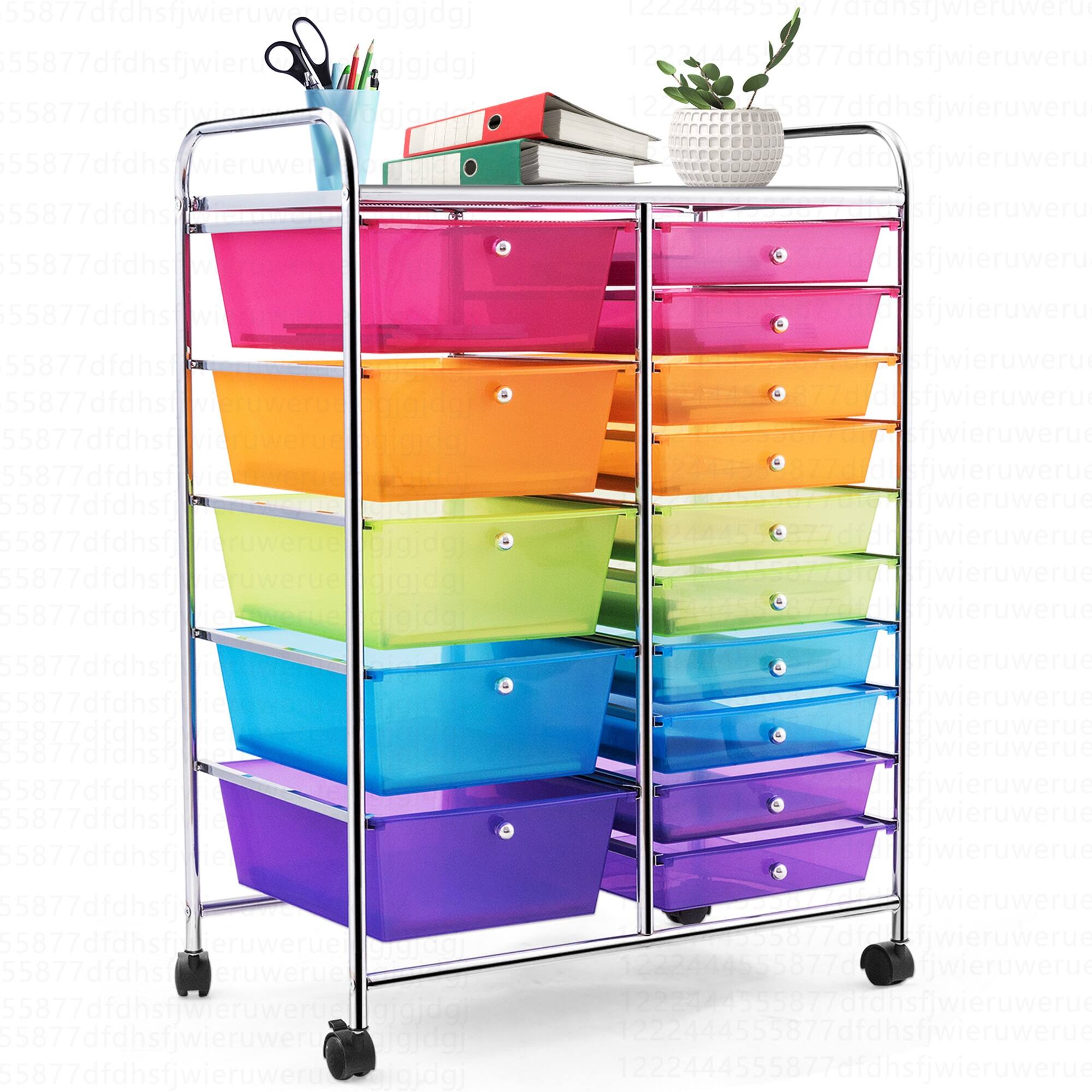 The image features a colorful cart with a variety of items on it. There is a bookshelf with books of different colors, including pink, yellow, and blue. The cart also has a potted plant and a pair of scissors. The arrangement of the items on the cart creates a visually appealing and organized display.