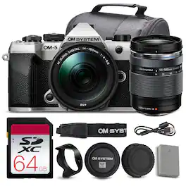 OM System - OM-5 Mark II Mirrorless Camera w/ 14-150mm f/4-5.6 II Lens + 64GB Card + Bag - Silver Starter Bundle