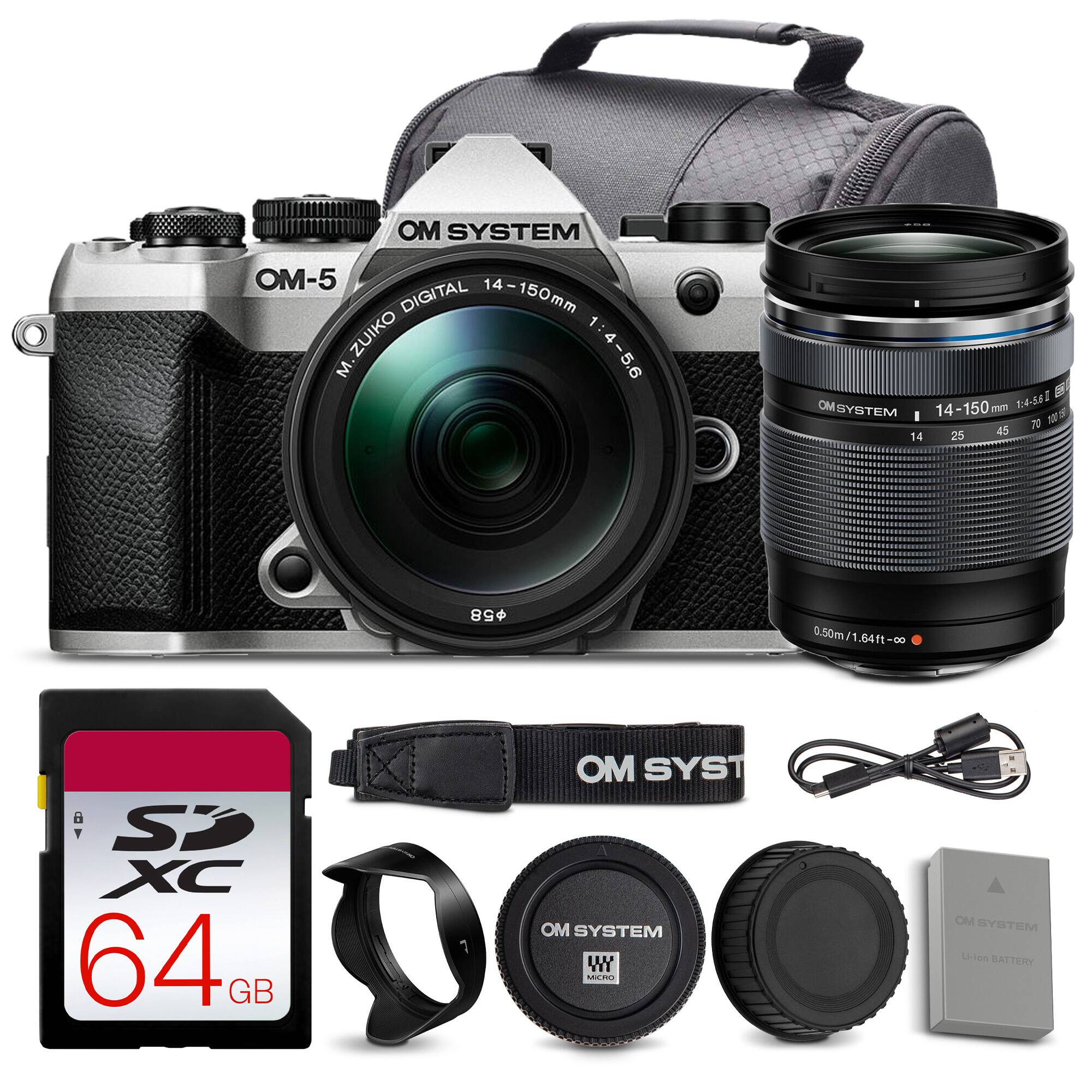 OM System - OM-5 Mark II Mirrorless Camera w/ 14-150mm f/4-5.6 II Lens + 64GB Card + Bag - Silver Starter Bundle