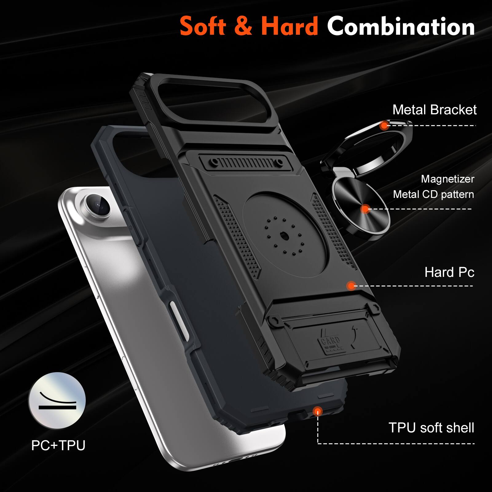 Soft & Hard Combination Metal Bracket Magnetizer Metal CD pattern Hard Pc 0 CARD - PC+TPU TPU soft shell