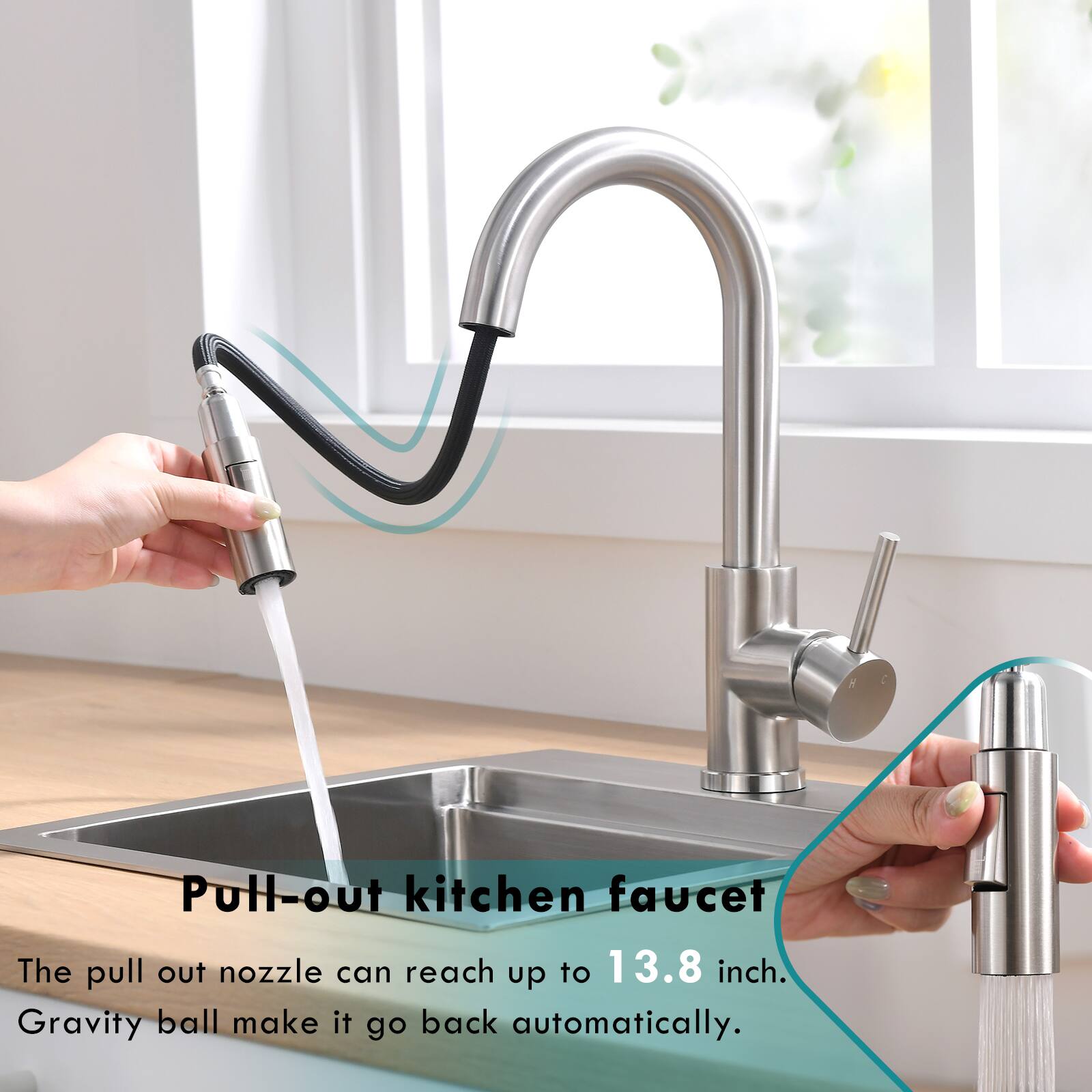 Pull-out kitchen faucet

The pull-out nozzle can reach up to 13.8 inches. Gravity ball makes it go back automatically.