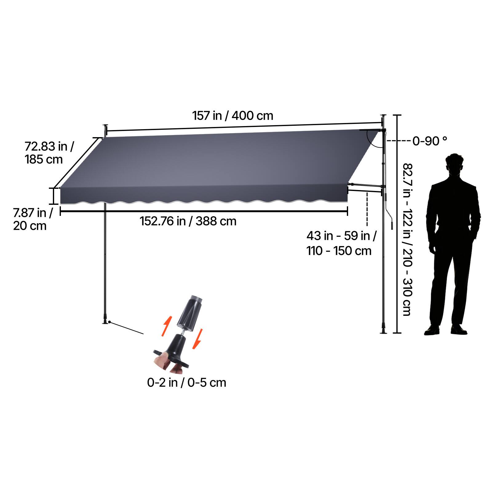 72.83 in / 185 cm  
7.87 in / 20 cm  
157 in / 400 cm  
152.76 in / 388 cm  
0-2 in / 0-5 cm  
43 in - 59 in / 110 - 150 cm  
82.7 in - 122 in / 210 - 310 cm  
0-90°