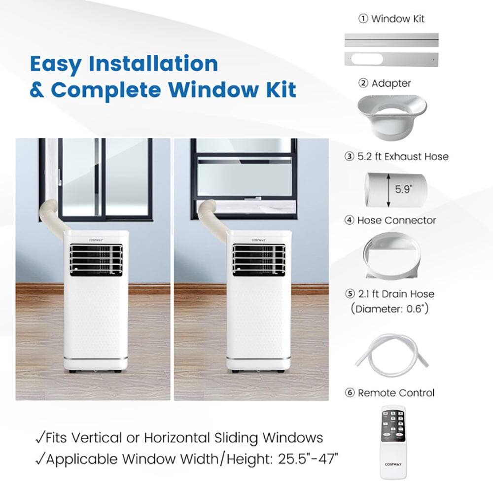 1. Window Kit  
2. Adapter  
3. 5.2 ft Exhaust Hose (5.9")  
4. Hose Connector  
5. 2.1 ft Drain Hose (Diameter: 0.6")  
6. Remote Control  

Fits Vertical or Horizontal Sliding Windows  
Applicable Window Width/Height: 25.5"-47"  

COMWAY