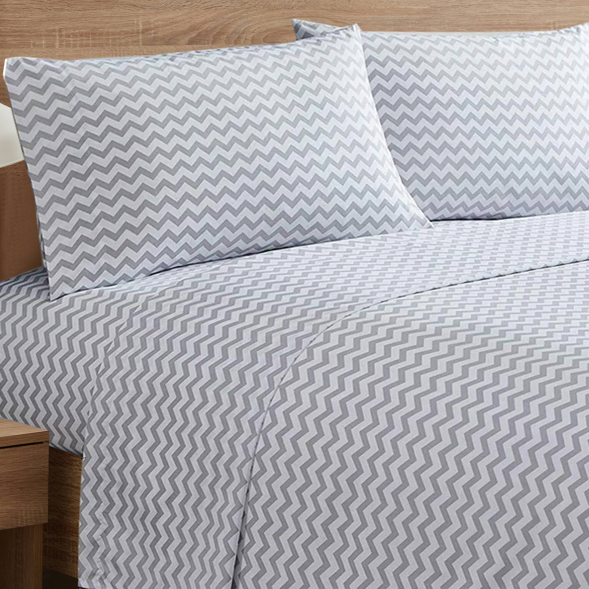 Back. Sweet Home Collection - Chevron 4 Piece Printed Sheet Set, Double Brushed Microfiber, California King - Gray.