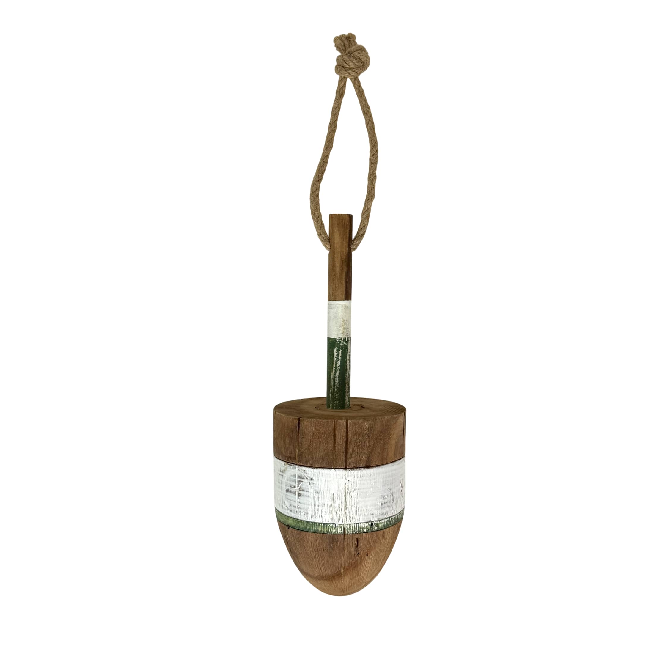 Things2Die4 - Nautical Wooden Hanging Buoy Green Striped Rope Wall Decor 15 Inch - White