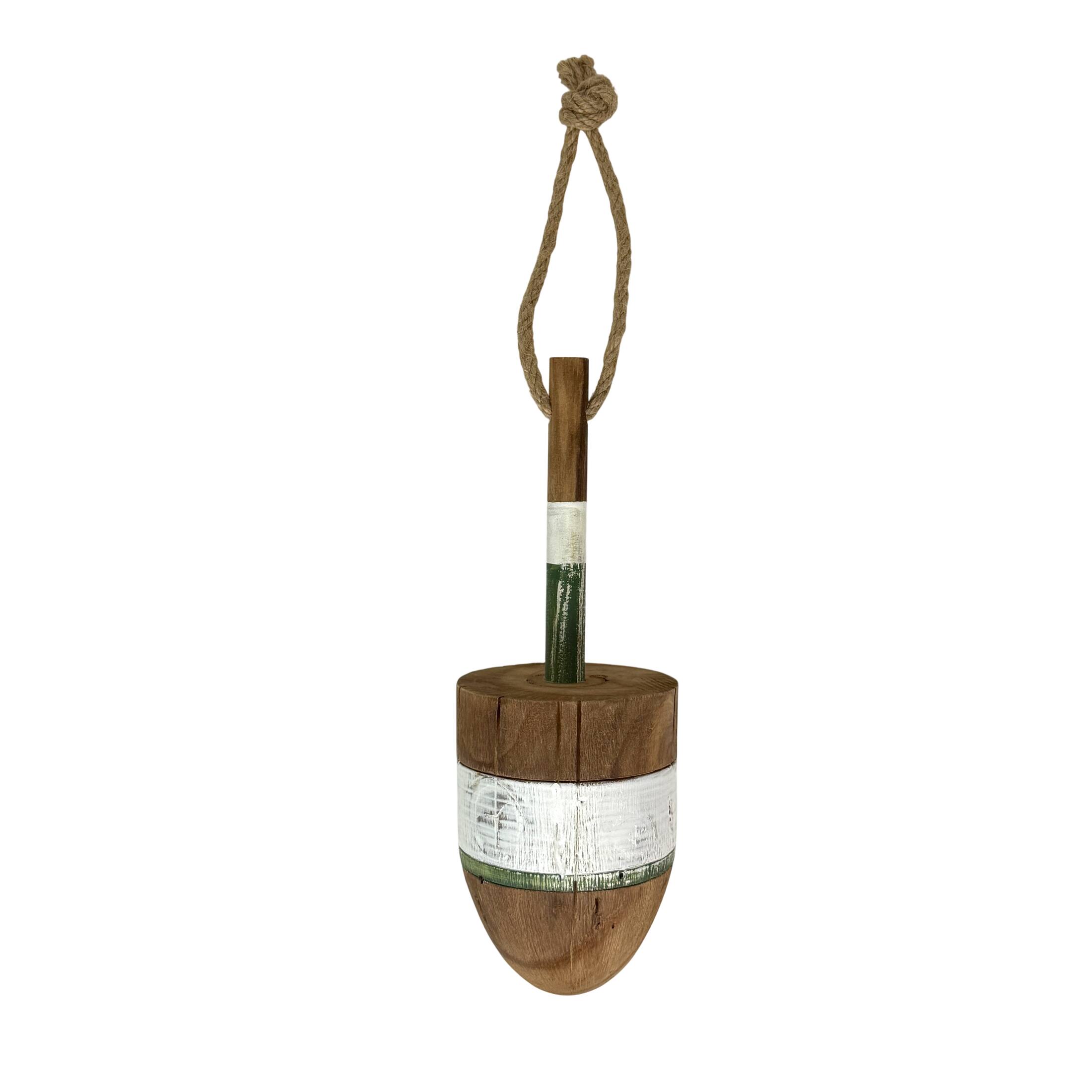 Front. Things2Die4 - Nautical Wooden Hanging Buoy White Green Striped Rope Wall Decor 15 Inch - White.