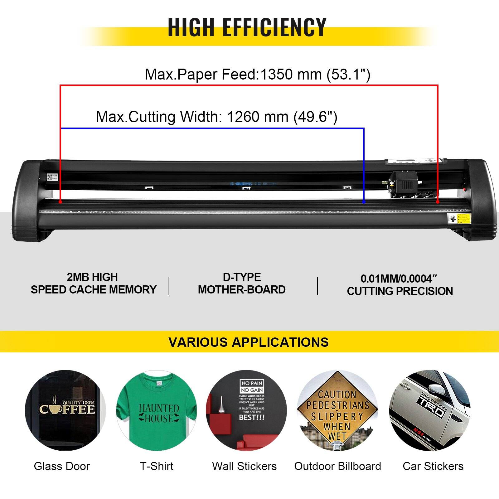 HIGH EFFICIENCY  
Max. Paper Feed: 1350 mm (53.1")  
Max. Cutting Width: 1260 mm (49.6")  

2MB HIGH SPEED CACHE MEMORY  
D-TYPE MOTHER-BOARD  
0.01MM/0.0004" CUTTING PRECISION  

VARIOUS APPLICATIONS  
- Glass Door  
- T-Shirt  
- Wall Stickers  
- Outdoor Billboard  
- Car Stickers  

CAUTION: SLIPPERY WHEN WET  
NO PAIN NO GAIN - I BEST!!!