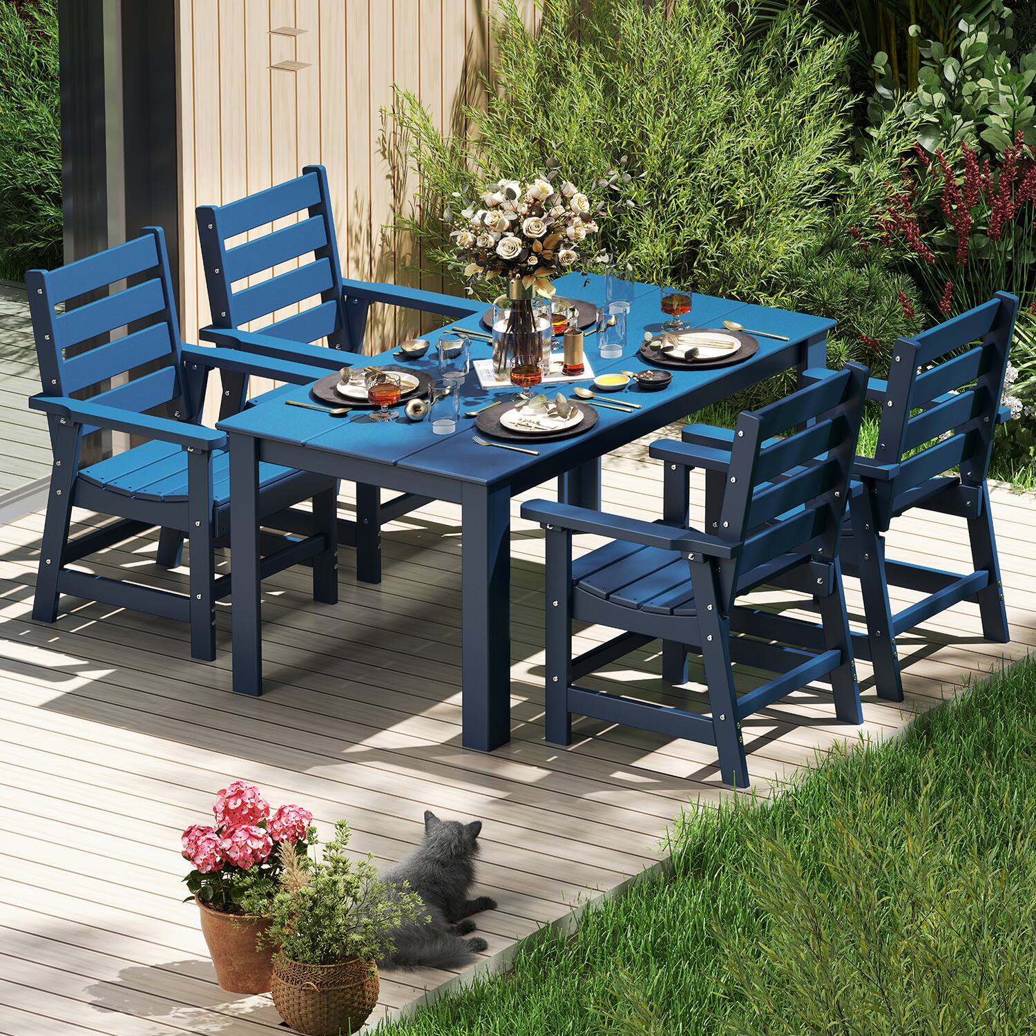 Alt View 2. FODINGHILL - Premium HDPE All-Weather Outdoor Dining Table with Umbrella Hole - Blue.