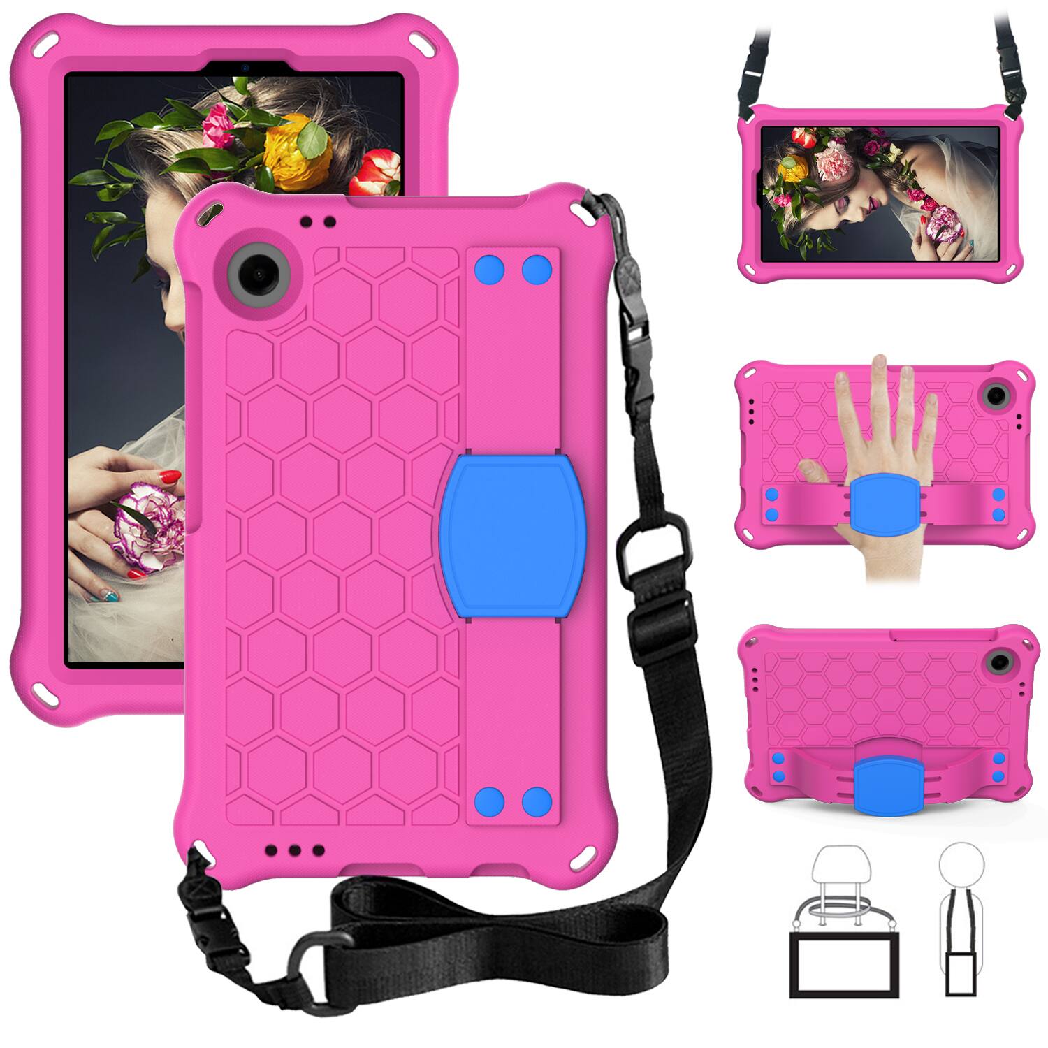 Front. UUCOVER - Shockproof Case for Samsung Galaxy Tab A11 8.7-inch 2025 (SM-X130/X133/X135) EVA+TPU Stand Cover with Shoulder Strap - Rose + Blue.