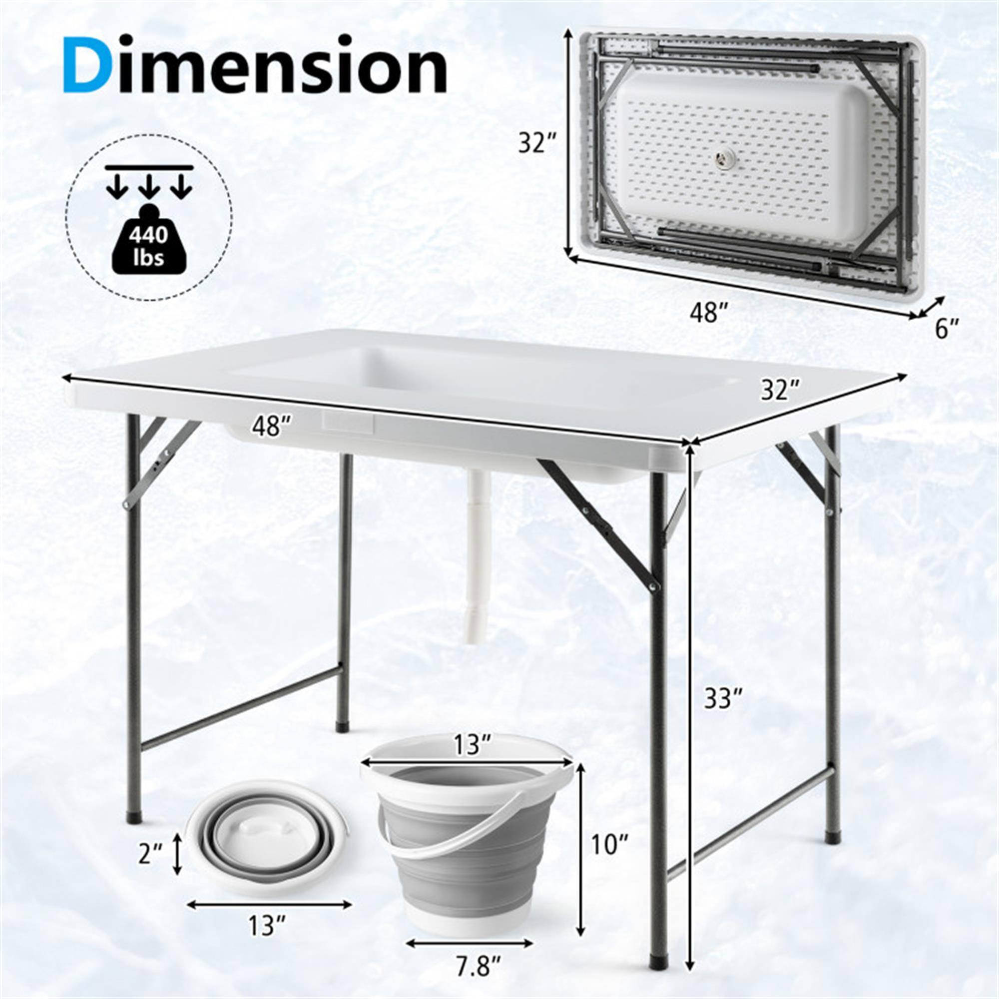 Dimension  
440 lbs  
32" x 48"  
6"  
48" x 32"  
13" x 13" x 2"  
10" x 7.8"  
33"