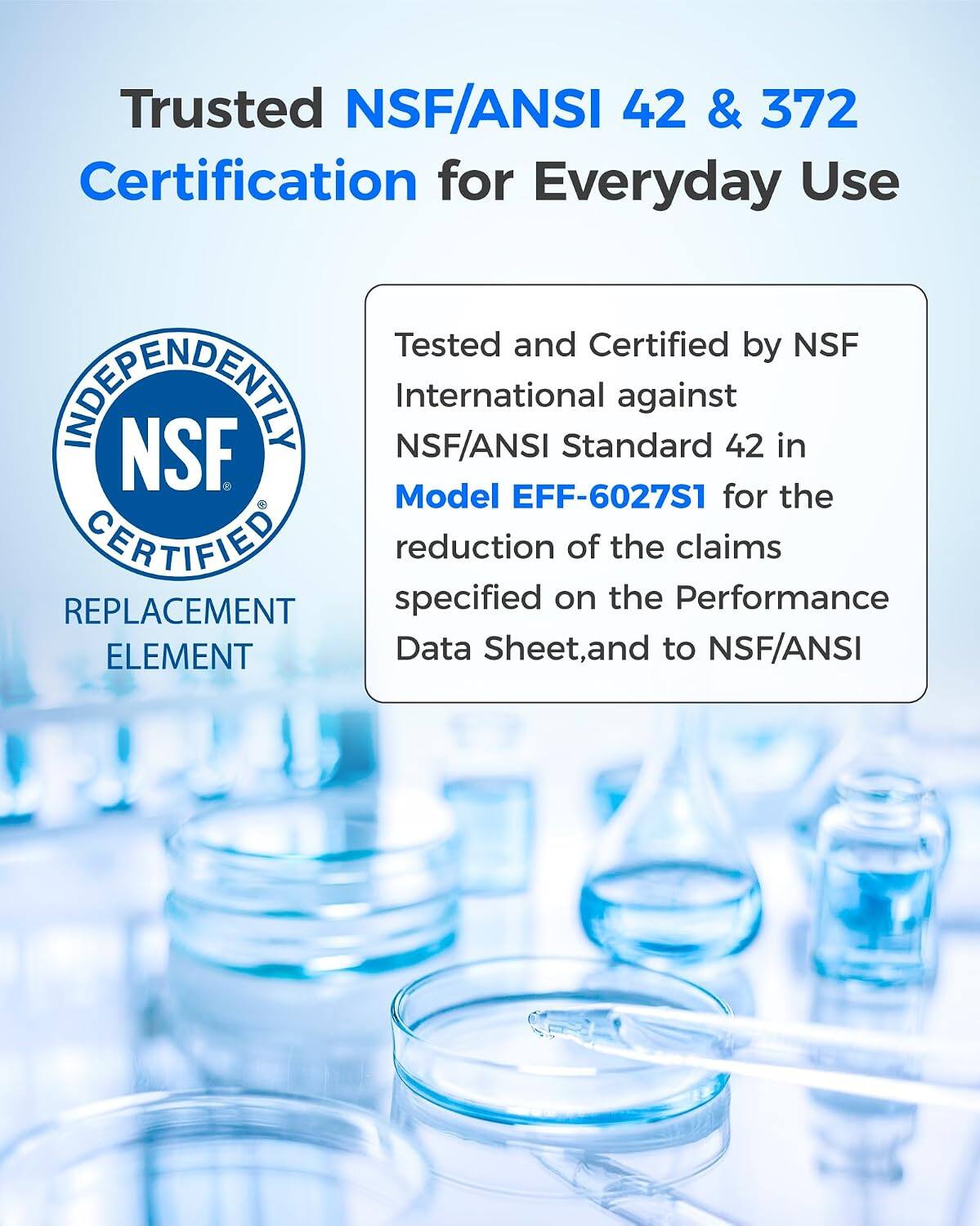 Trusted NSF/ANSI 42 & 372 Certification for Everyday Use

Tested and Certified by NSF International against NSF/ANSI Standard 42 in Model EFF-6027S1 for the reduction of the claims specified on the Performance Data Sheet, and to NSF/ANSI