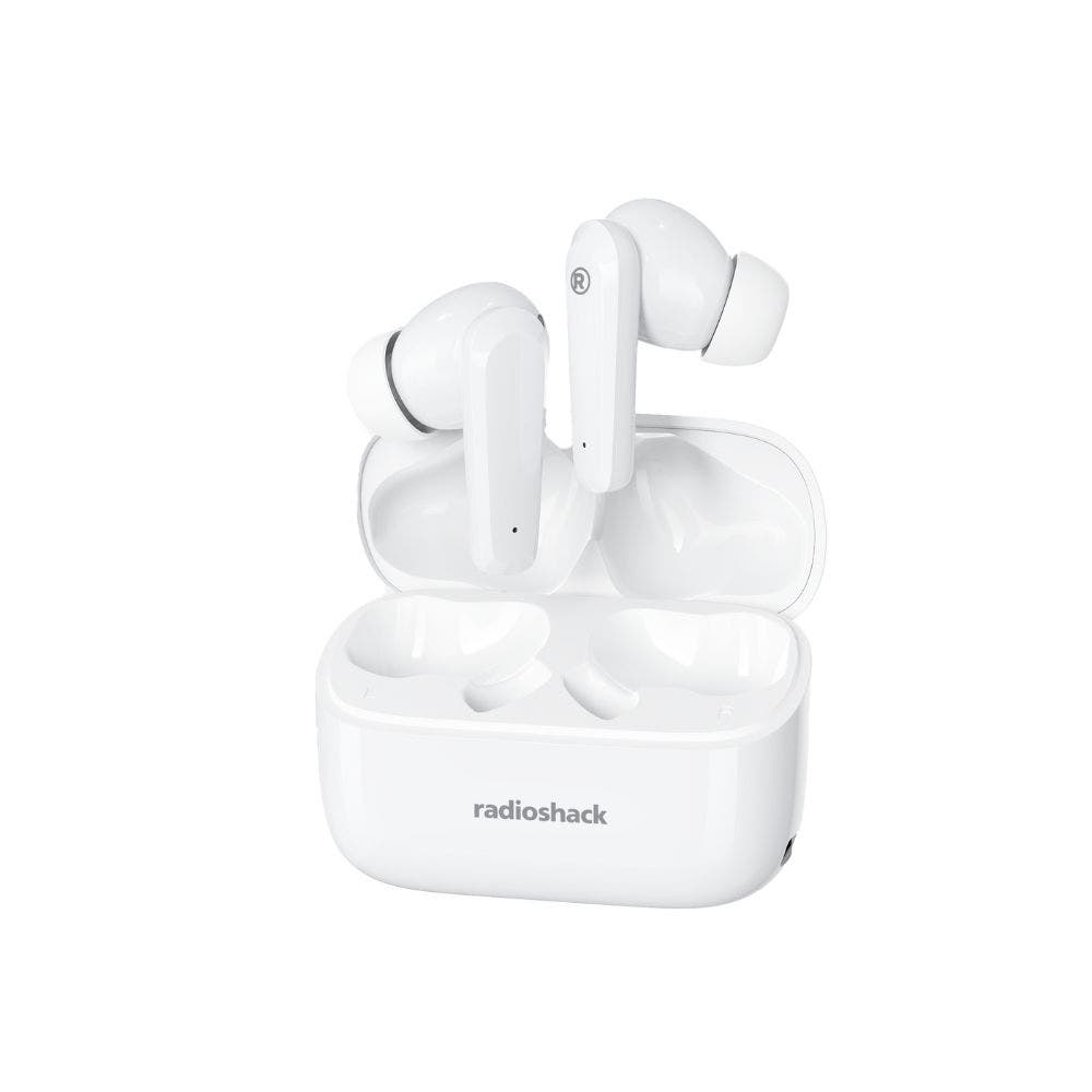 Angle. RadioShack - True Wireless Earbuds 380MAH Active Noise Cancelling ENC IPX5 3304380 - White.