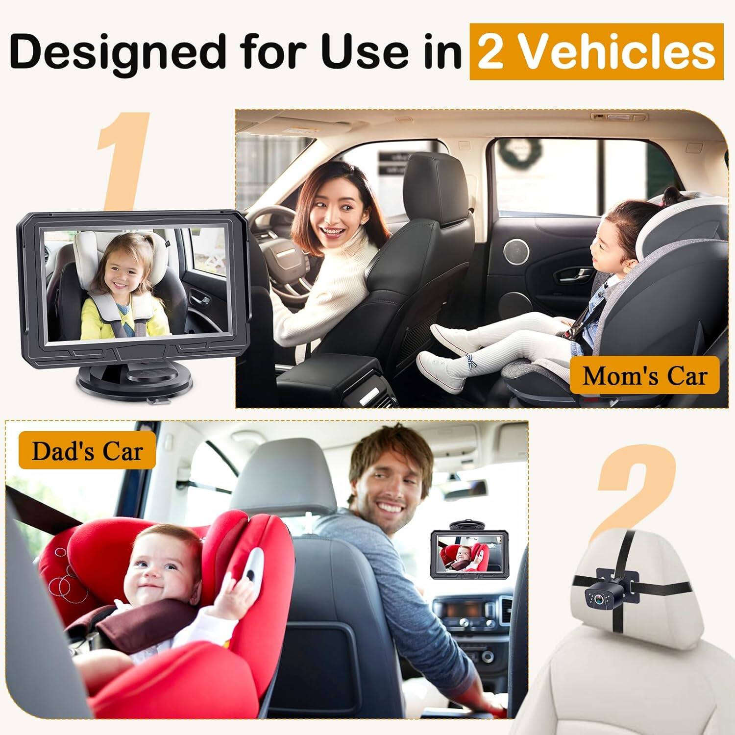 Designed for Use in 2 Vehicles

1. Dad's Car
2. Mom's Car
