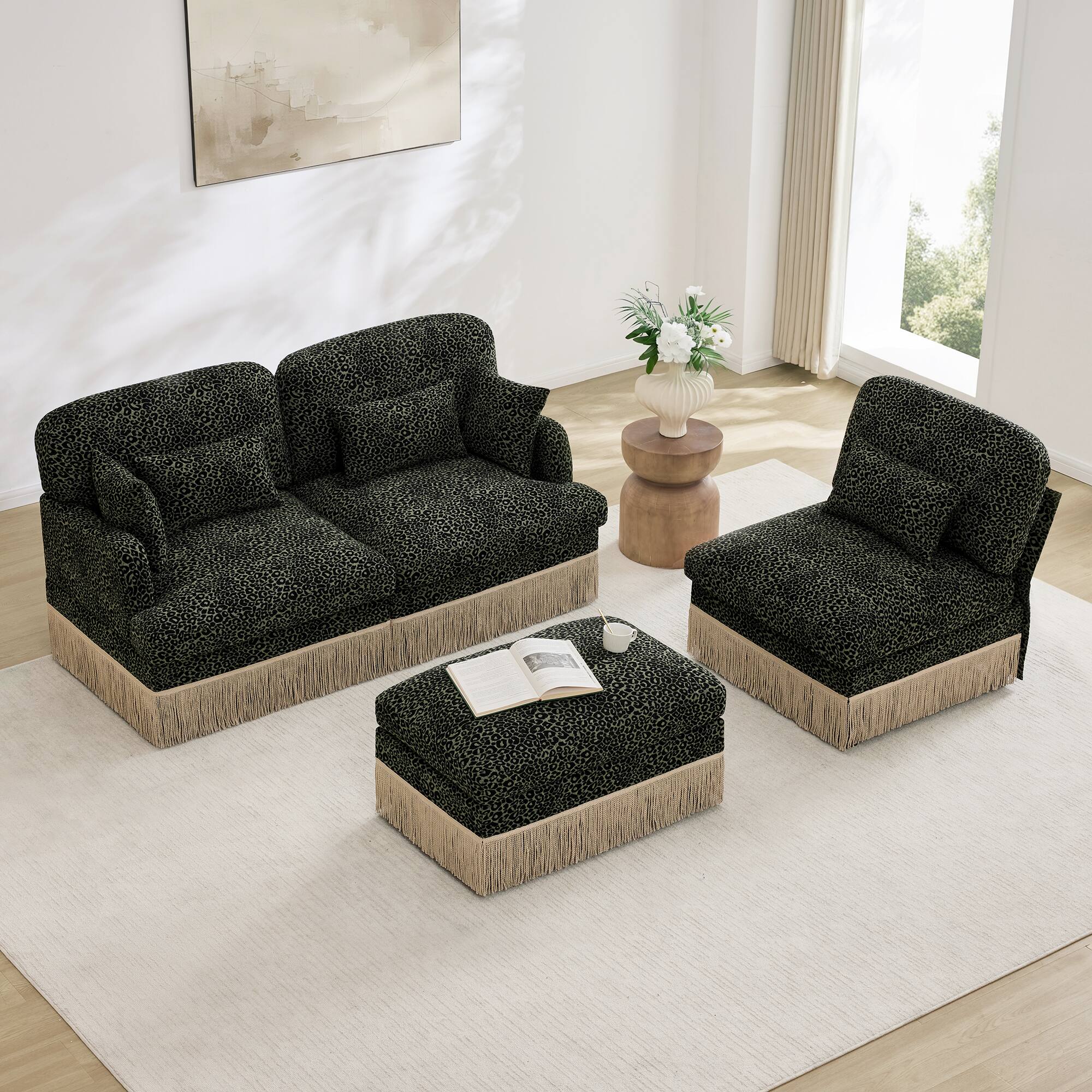 Back. Anysun - Modern Fashion Style L-Shaped Chenille Leopard Print Sofa with Movable Ottoman & Tassel Edge, Easy Assembly, Deep Seat - Green.